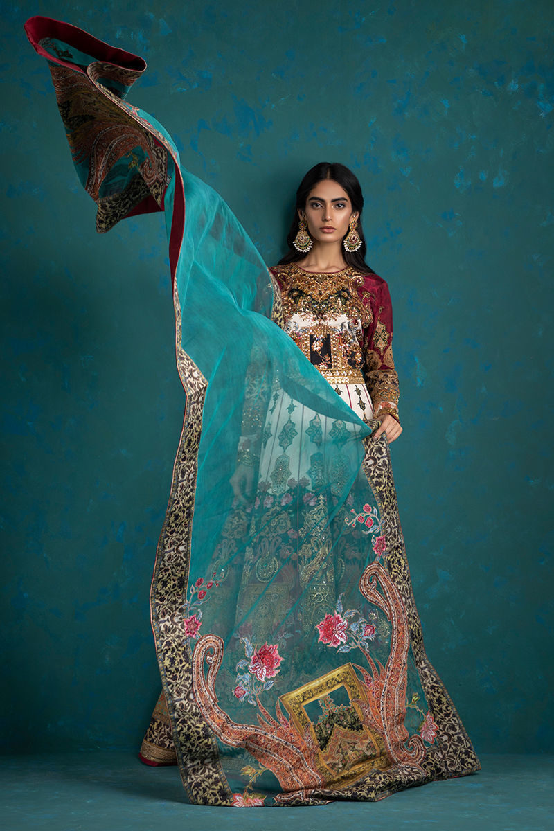 Pakistani Multicolour Zardozi Silk Pishwas Dress (2-Piece) - Image 6