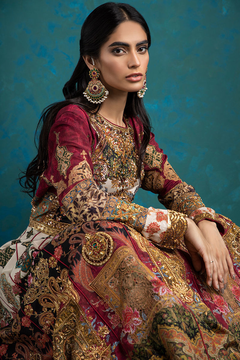 Pakistani Multicolour Zardozi Silk Pishwas Dress (2-Piece) - Image 7