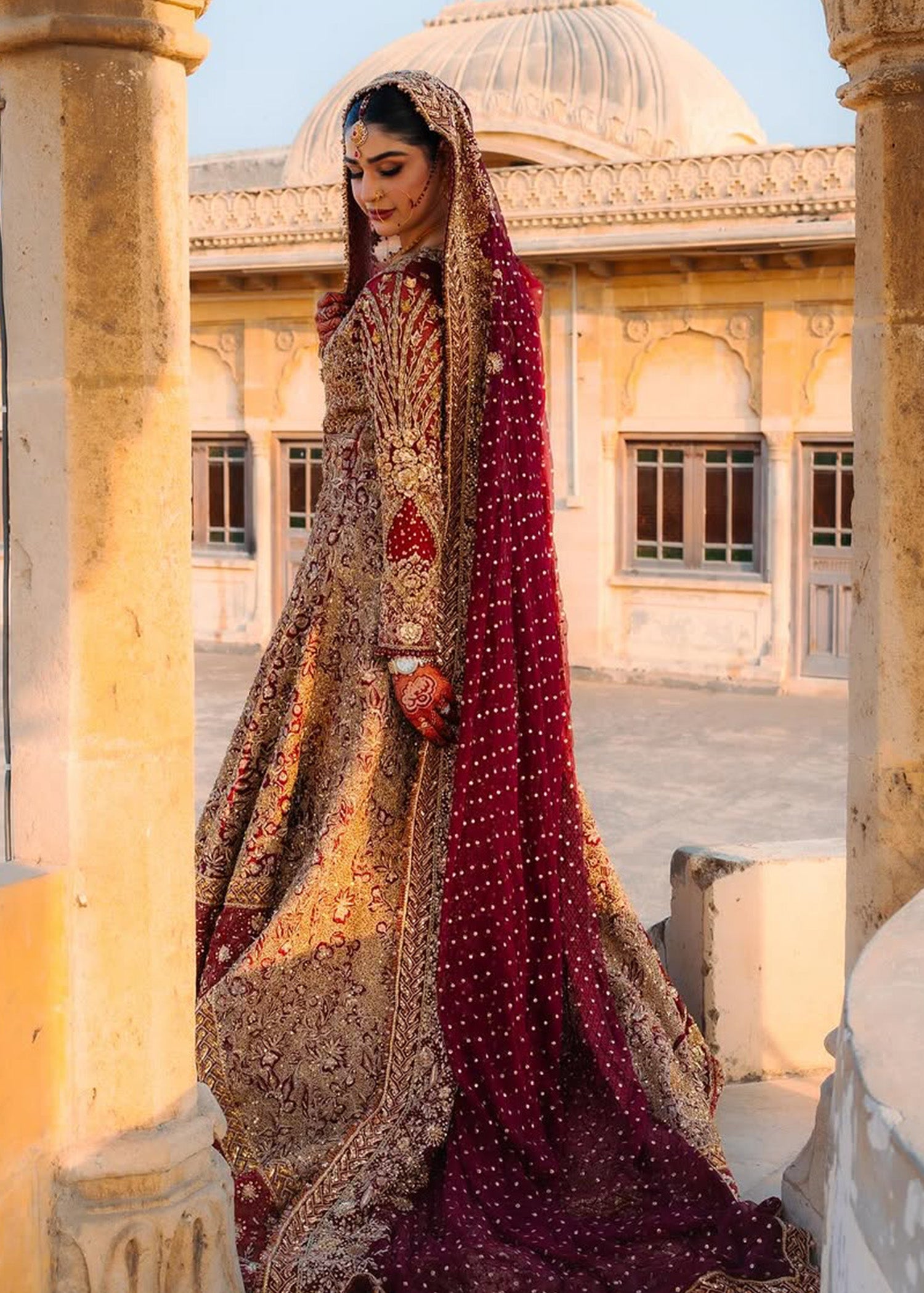 Pakistani Deep Maroon Gold Embellished Silk Blend Pishwas (2-Piece) - Image 2