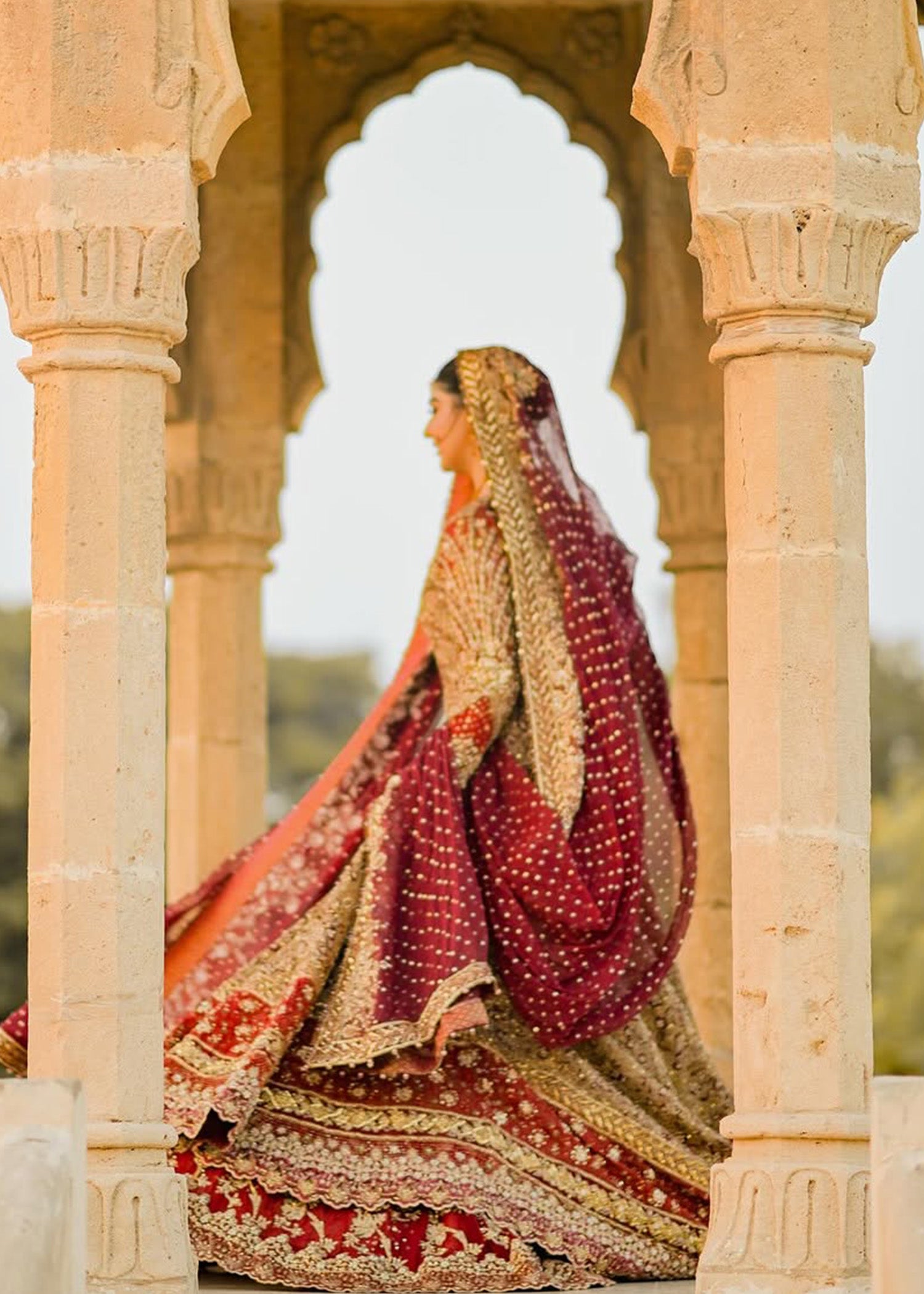 Pakistani Deep Maroon Gold Embellished Silk Blend Pishwas (2-Piece) - Image 3