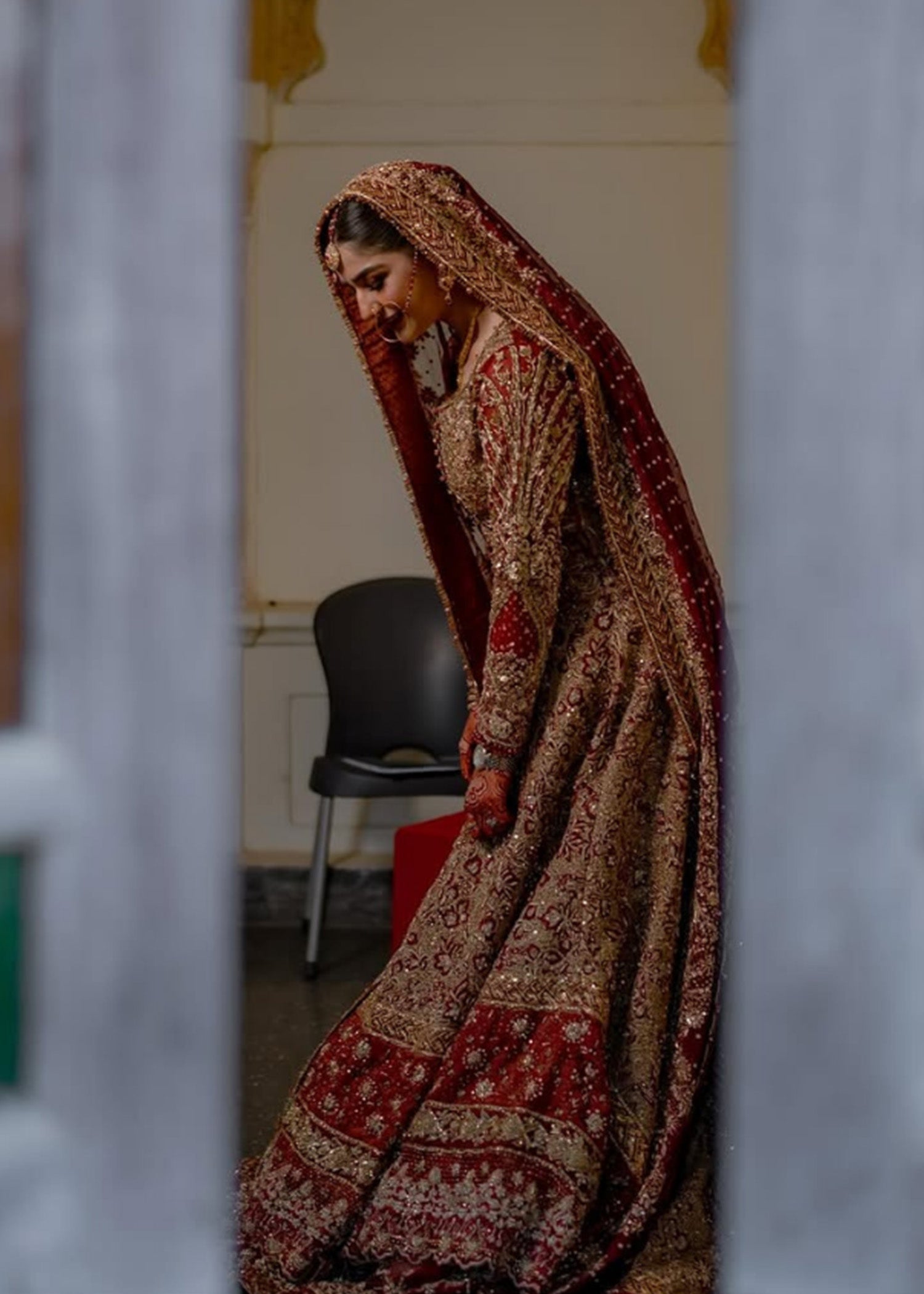 Pakistani Deep Maroon Gold Embellished Silk Blend Pishwas (2-Piece) - Image 4