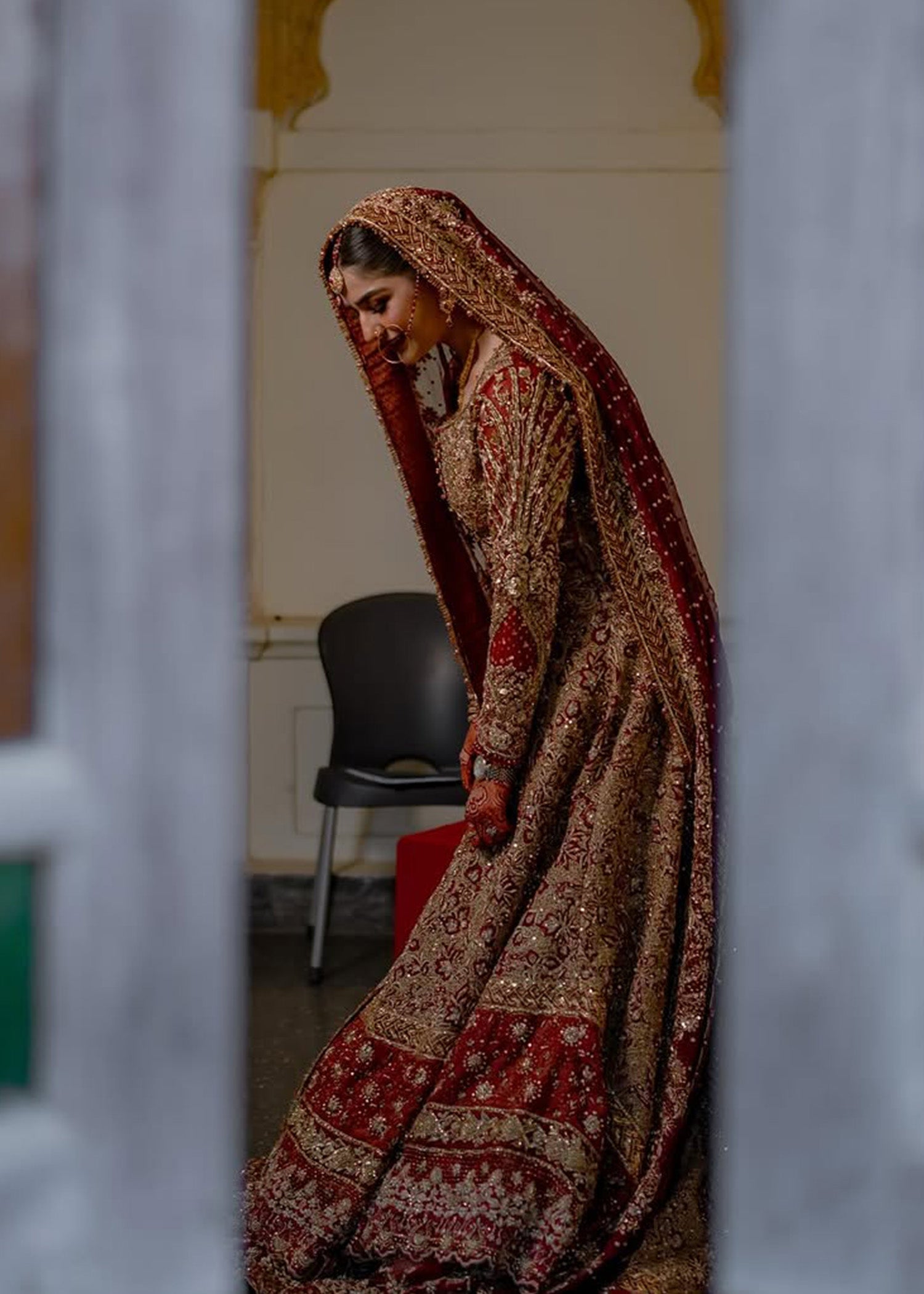 Pakistani Deep Maroon Gold Embellished Silk Blend Pishwas (2-Piece) - Image 5