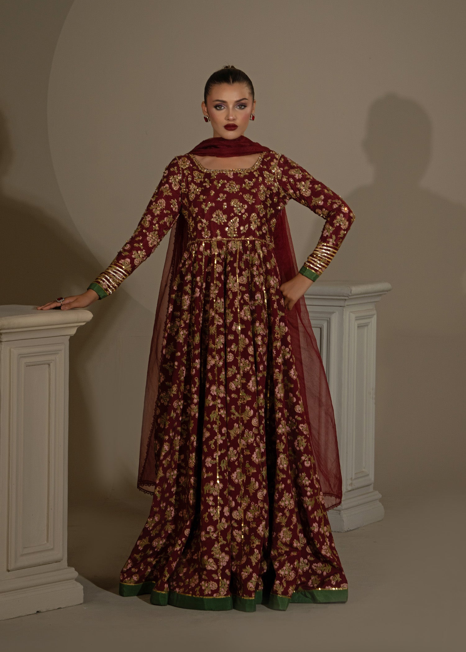 Maroon Screen-Printed Thai Silk Pishwas (3-Piece) - Image 1