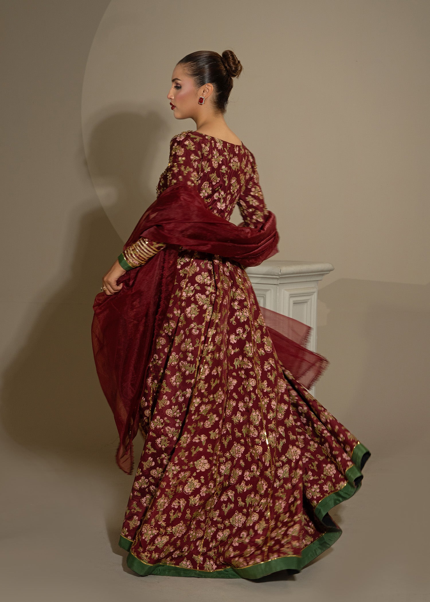 Maroon Screen-Printed Thai Silk Pishwas (3-Piece) - Image 10