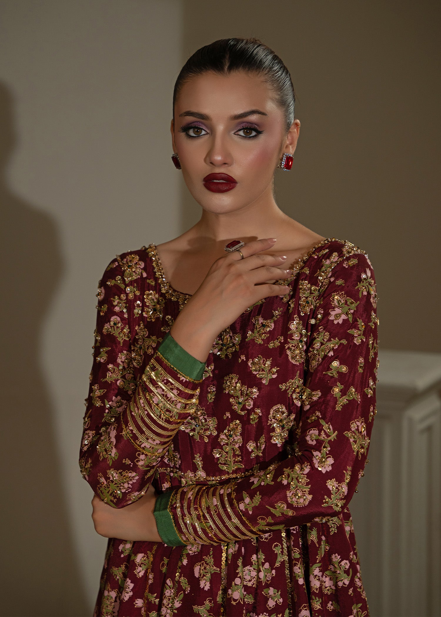 Maroon Screen-Printed Thai Silk Pishwas (3-Piece) - Image 3