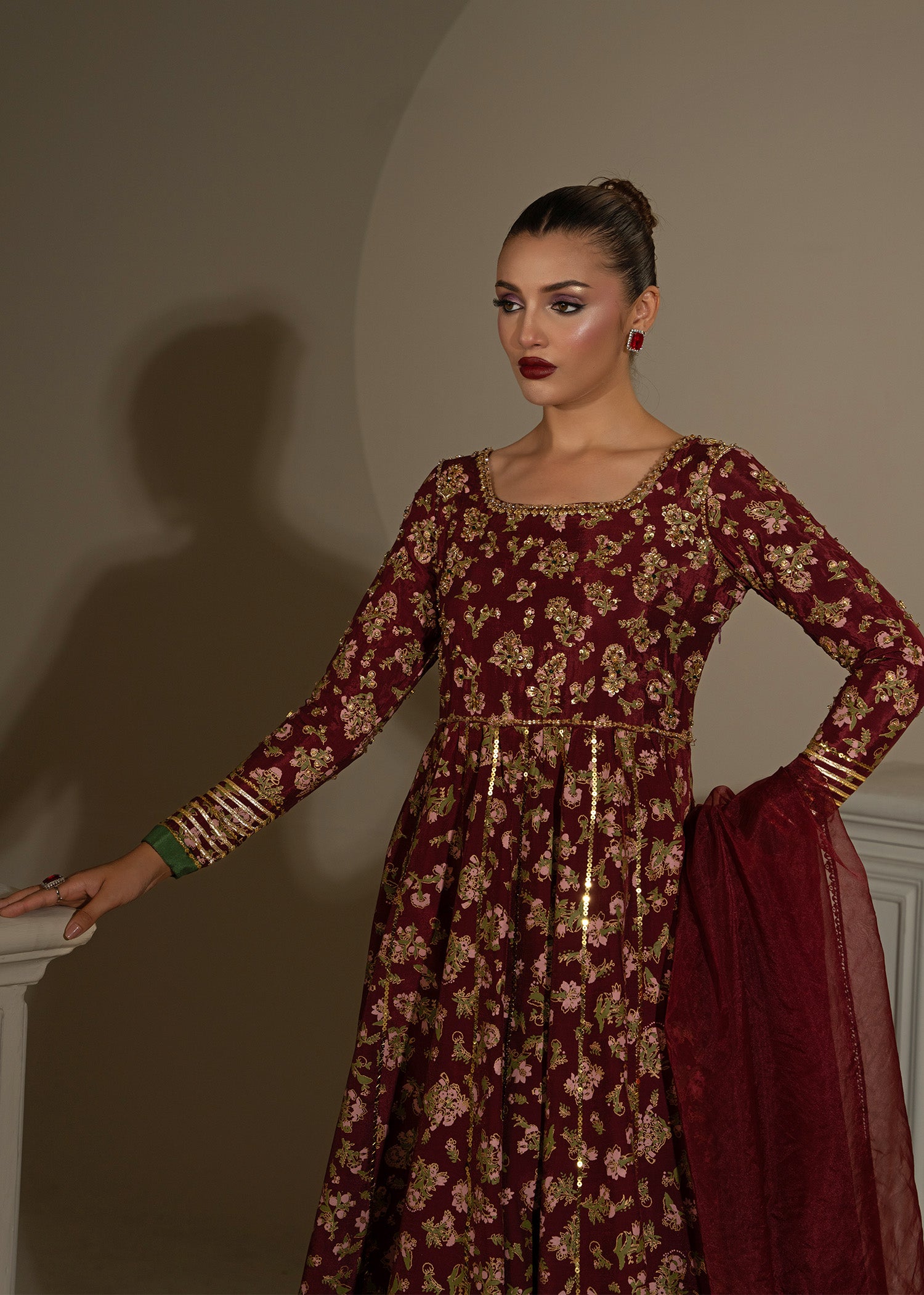 Maroon Screen-Printed Thai Silk Pishwas (3-Piece) - Image 4