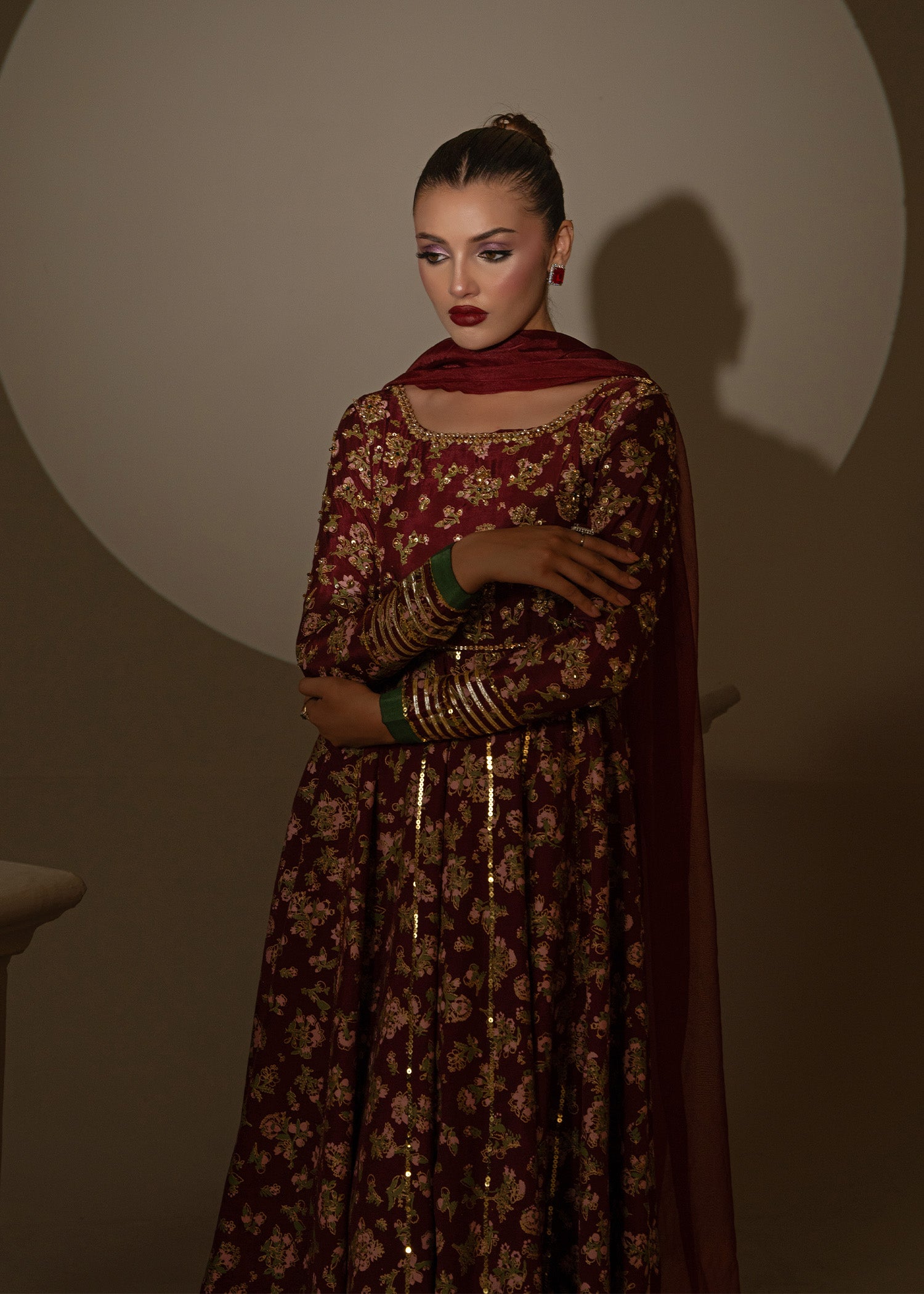 Maroon Screen-Printed Thai Silk Pishwas (3-Piece) - Image 5