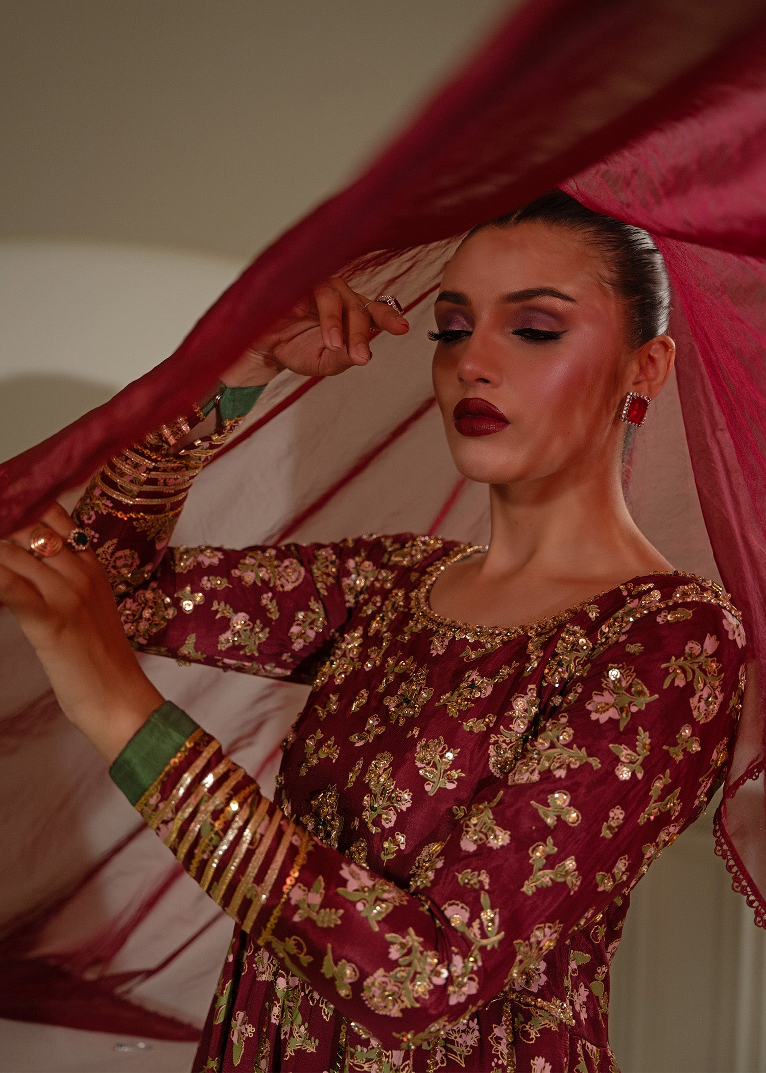 Maroon Screen-Printed Thai Silk Pishwas (3-Piece) - Image 6