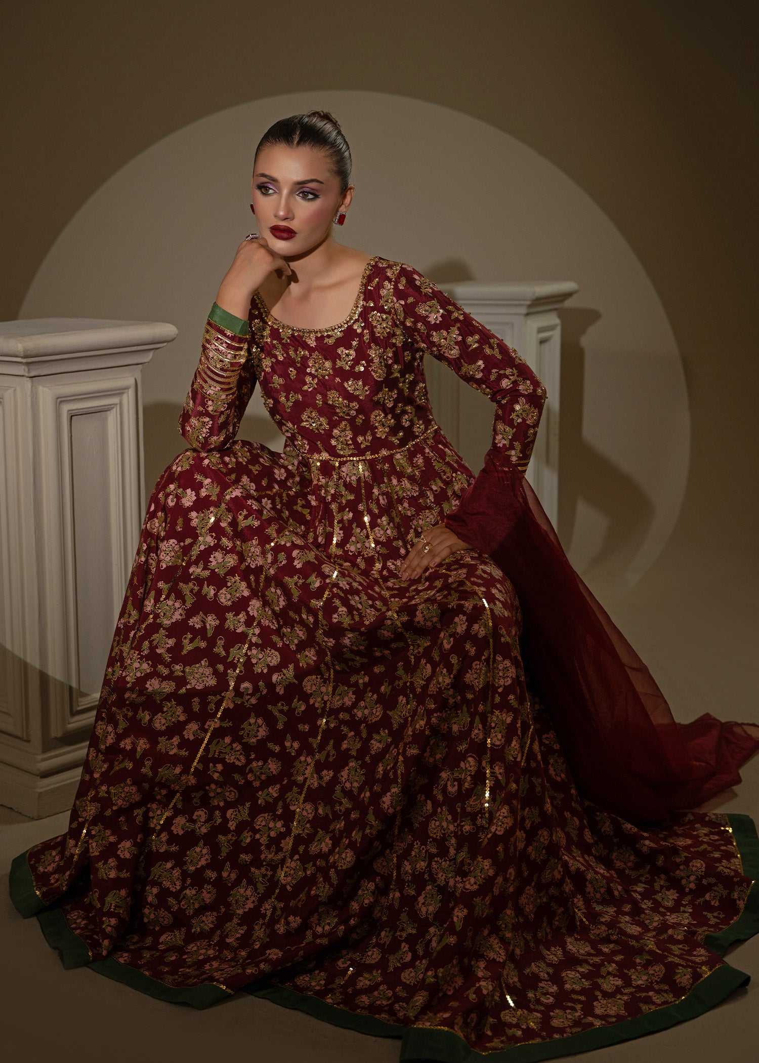 Maroon Screen-Printed Thai Silk Pishwas (3-Piece) - Image 7