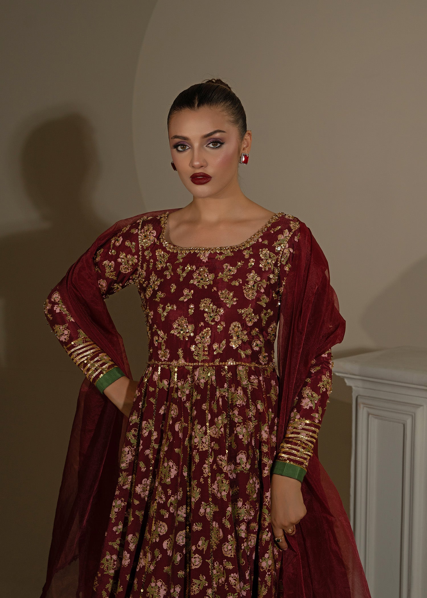 Maroon Screen-Printed Thai Silk Pishwas (3-Piece) - Image 8