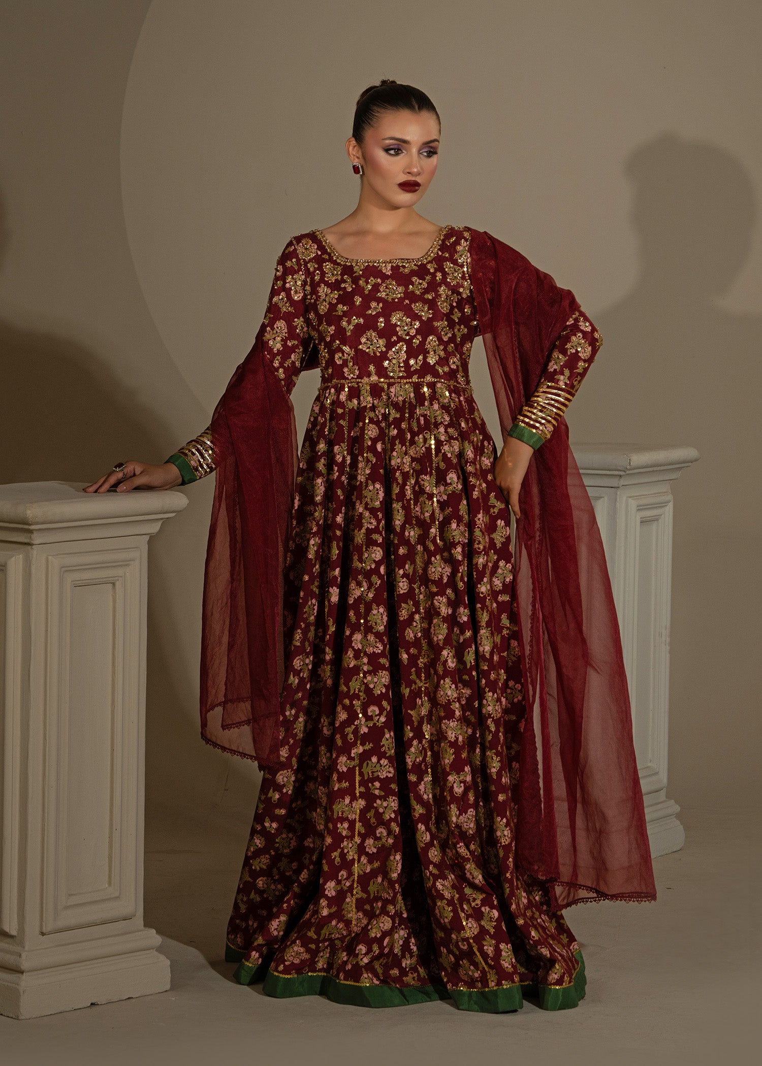 Maroon Screen-Printed Thai Silk Pishwas (3-Piece) - Image 9