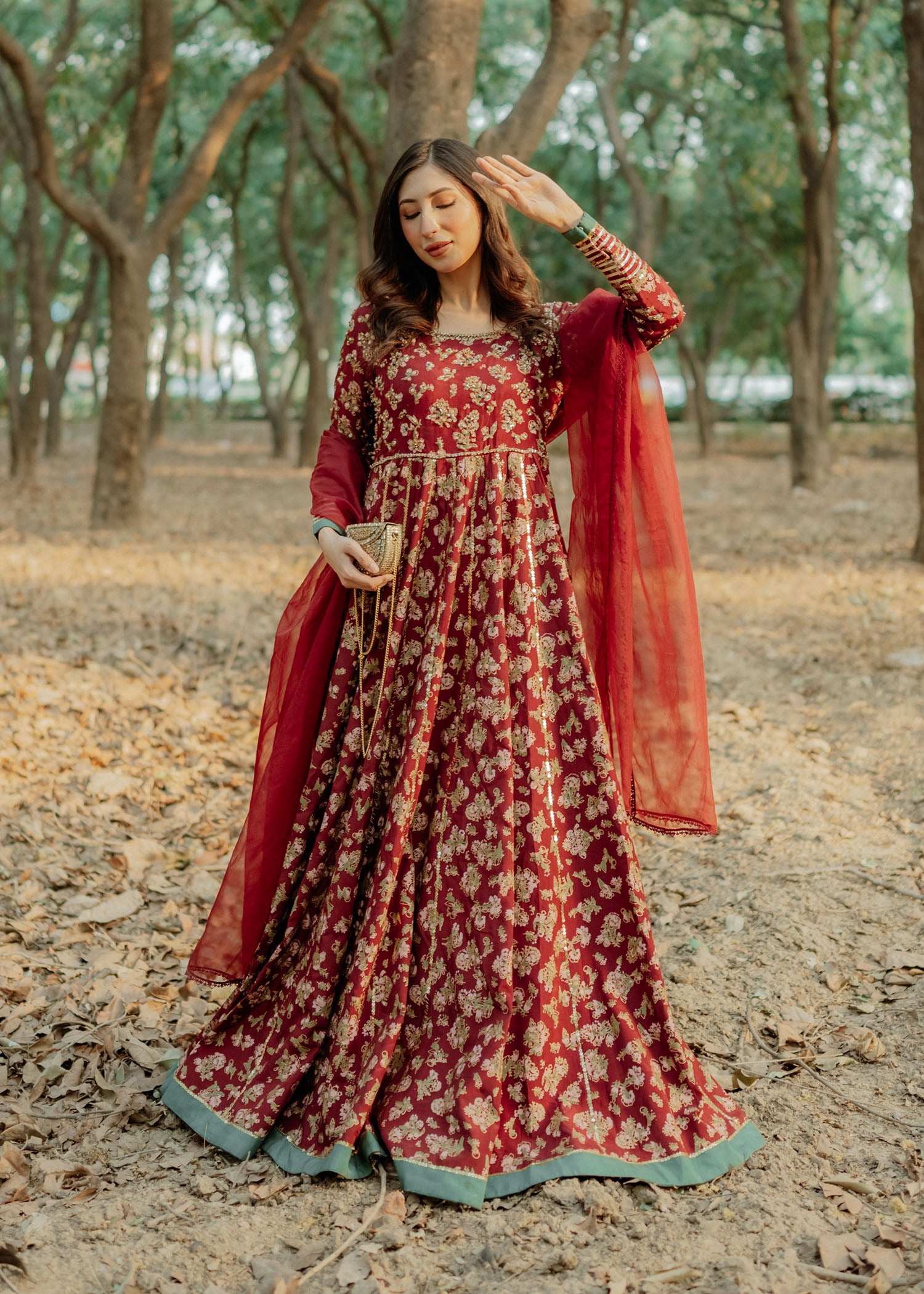 Maroon Screen Printed Thai Silk Pishwas (2-Piece) - Image 1