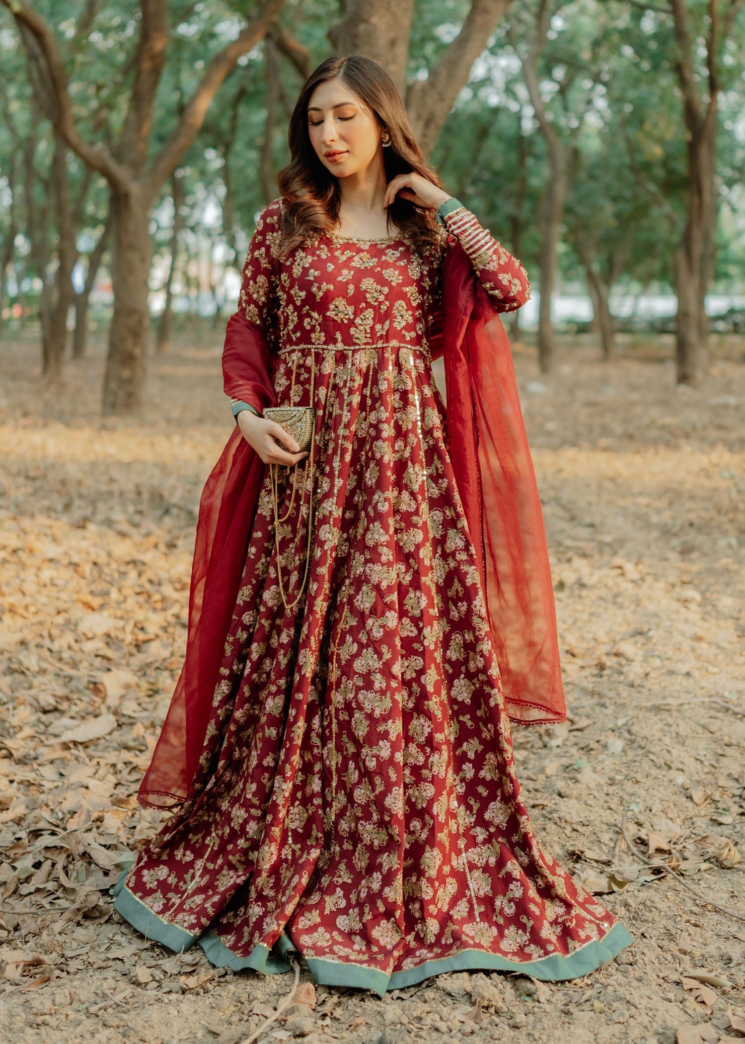 Maroon Screen Printed Thai Silk Pishwas (2-Piece) - Image 2