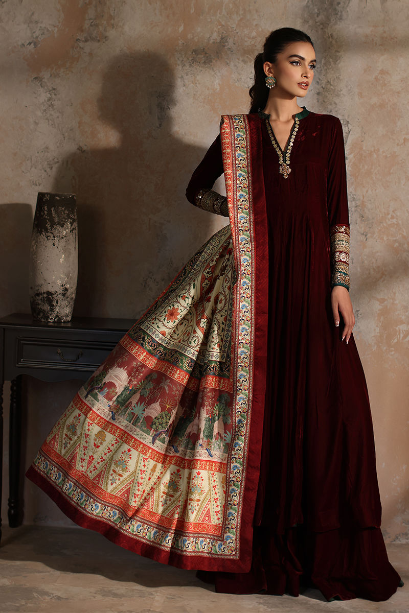 Pakistani Maroon Lace Velvet Pishwas Dress (2-Piece) - Image 1