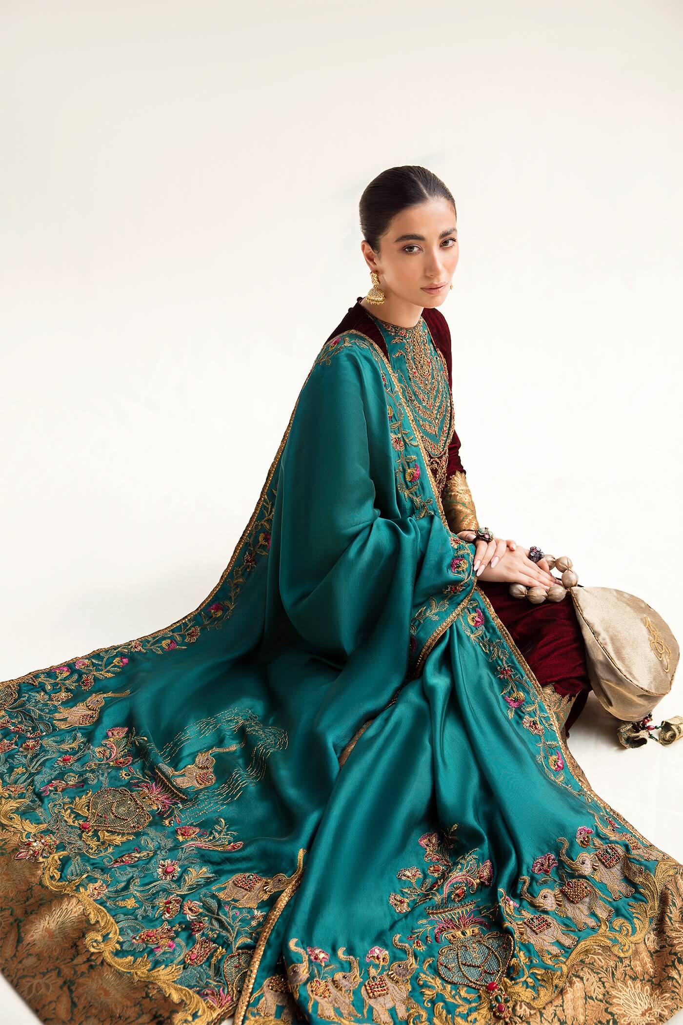 Pakistani Maroon Zardozi Velvet Pishwas Dress (3-Piece) - Image 1