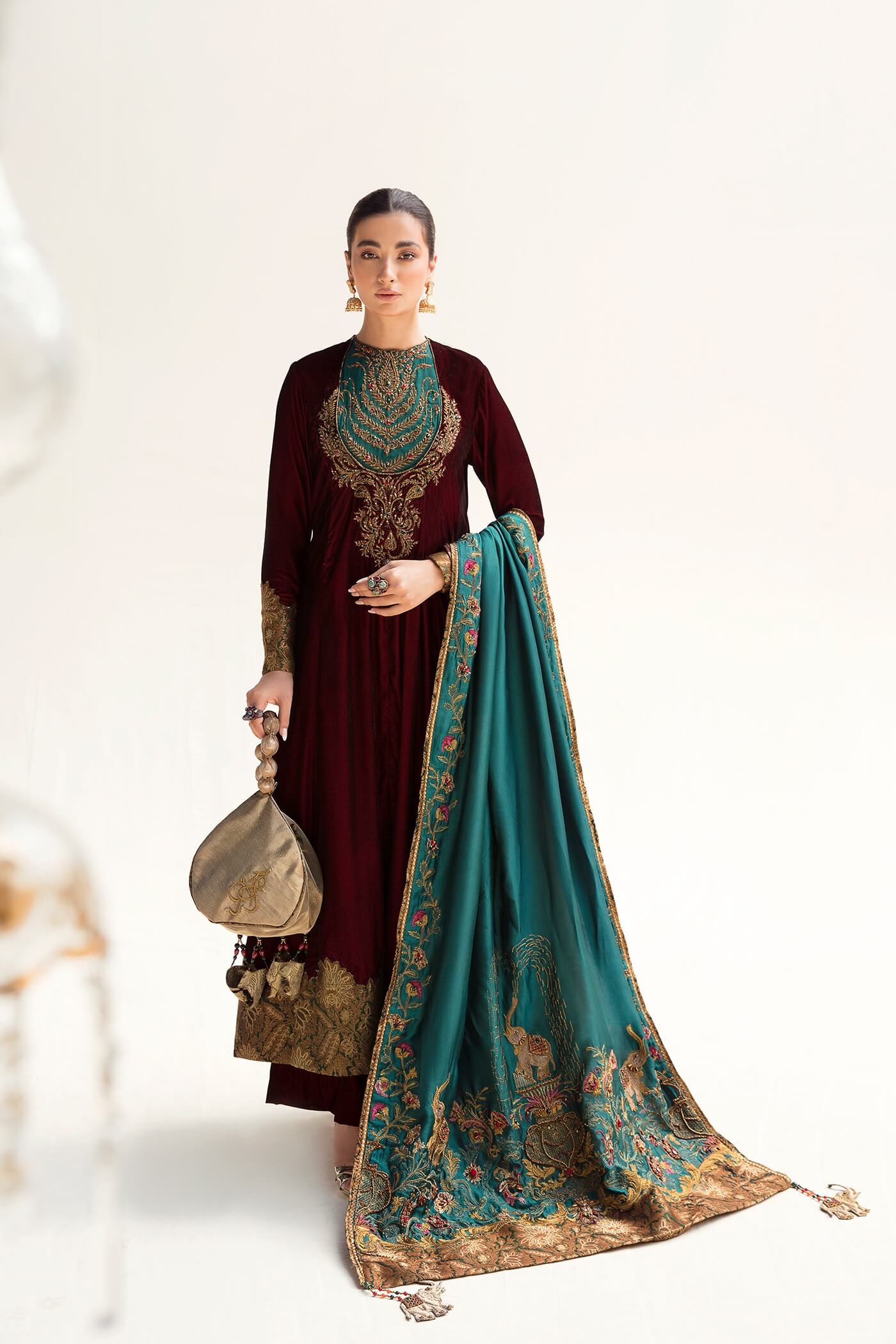 Pakistani Maroon Zardozi Velvet Pishwas Dress (3-Piece) - Image 2