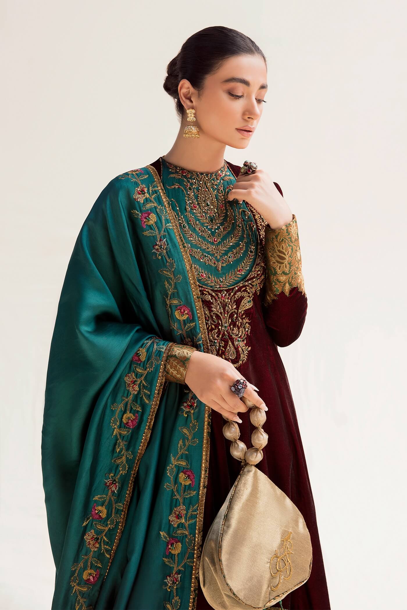 Pakistani Maroon Zardozi Velvet Pishwas Dress (3-Piece) - Image 3