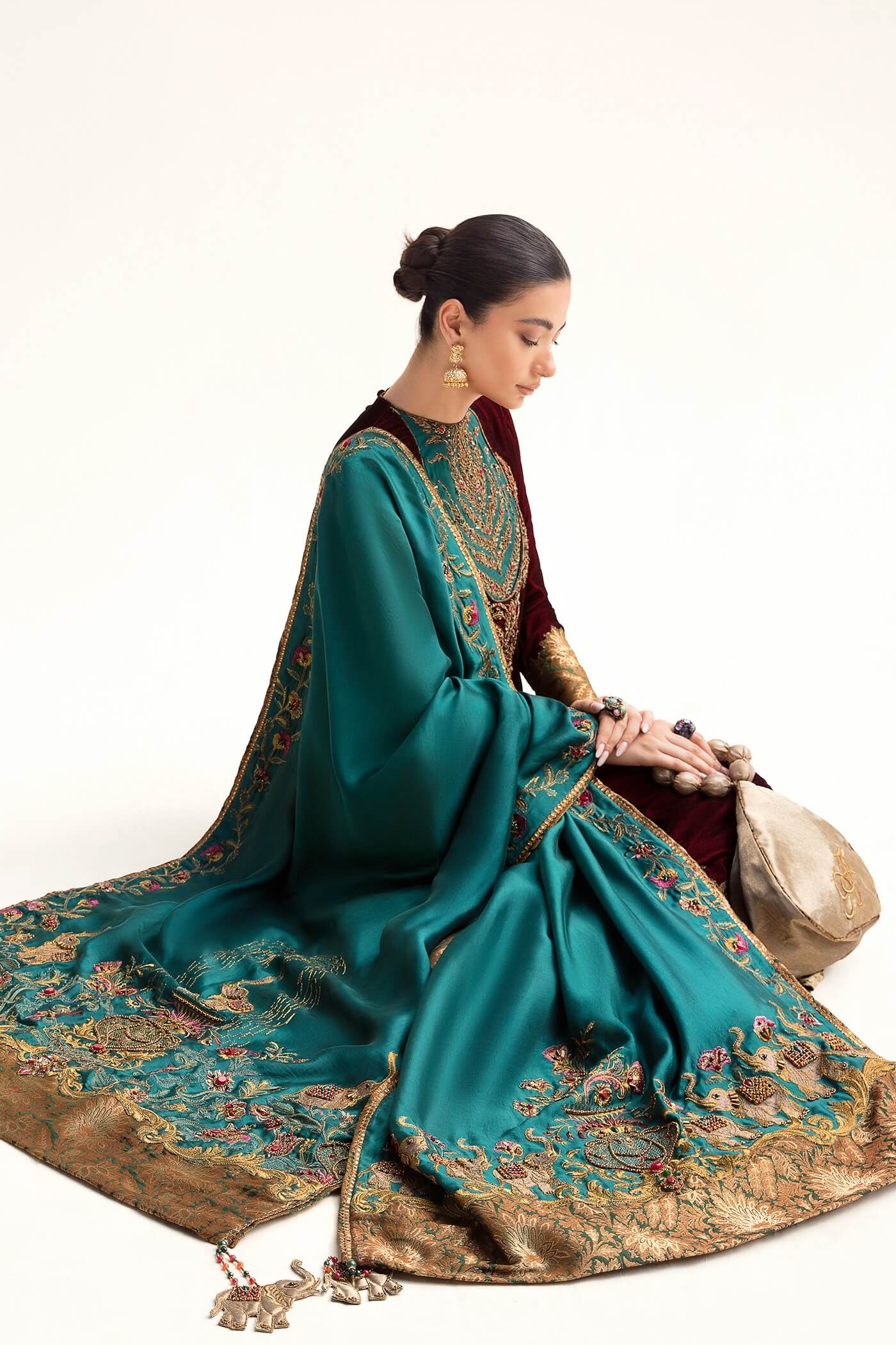 Pakistani Maroon Zardozi Velvet Pishwas Dress (3-Piece) - Image 4