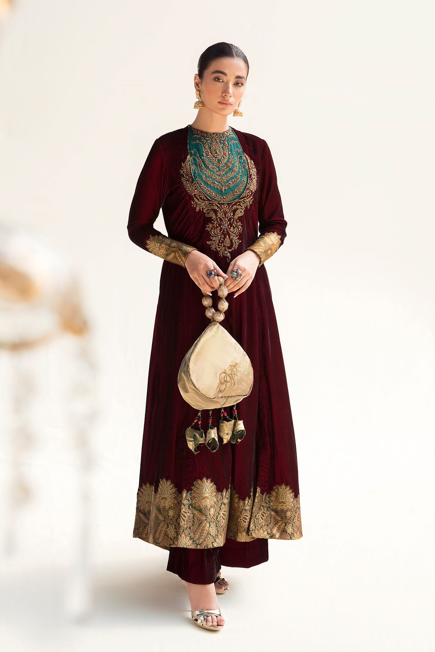 Pakistani Maroon Zardozi Velvet Pishwas Dress (3-Piece) - Image 6