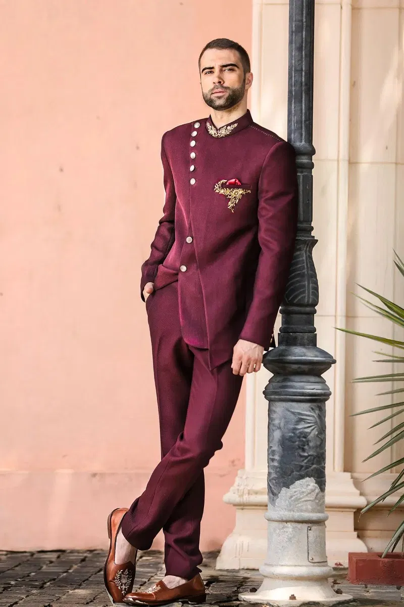 Wine Zardosi Embroidered Italian Fabric Jodhpuri Suit (2-Piece) - Image 1