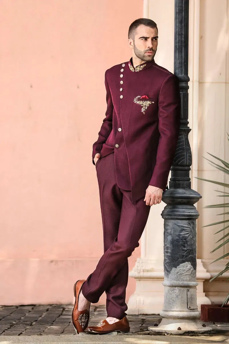 Wine Zardosi Embroidered Italian Fabric Jodhpuri Suit (2-Piece) - Image 3