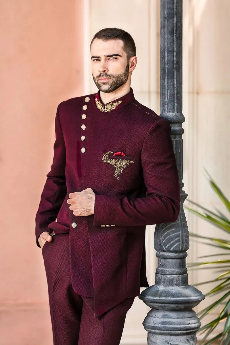 Wine Zardosi Embroidered Italian Fabric Jodhpuri Suit (2-Piece) - Image 4
