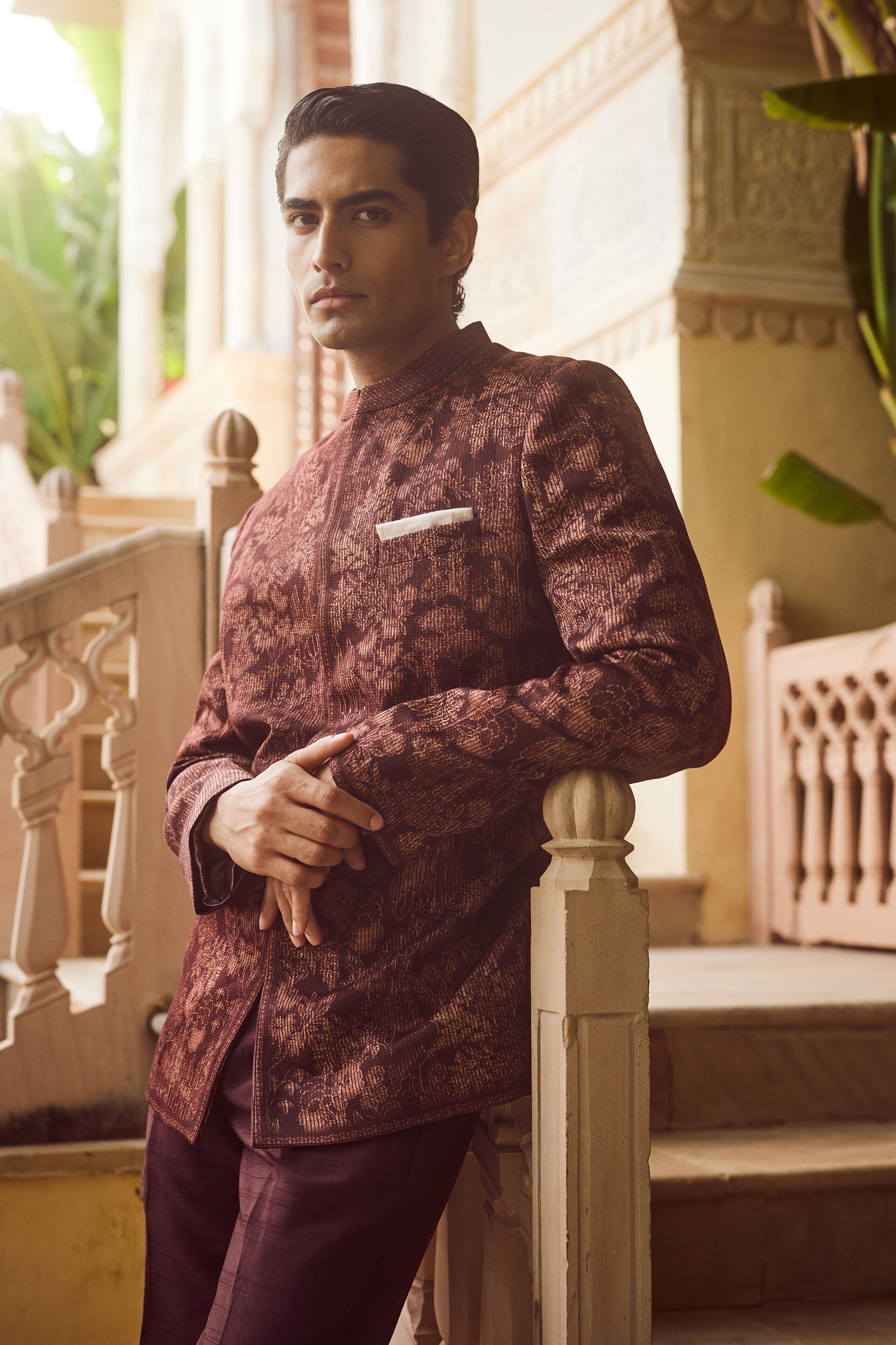 Maroon Jacquard Bandhgala Prince Coat (2-Piece) - Image 1