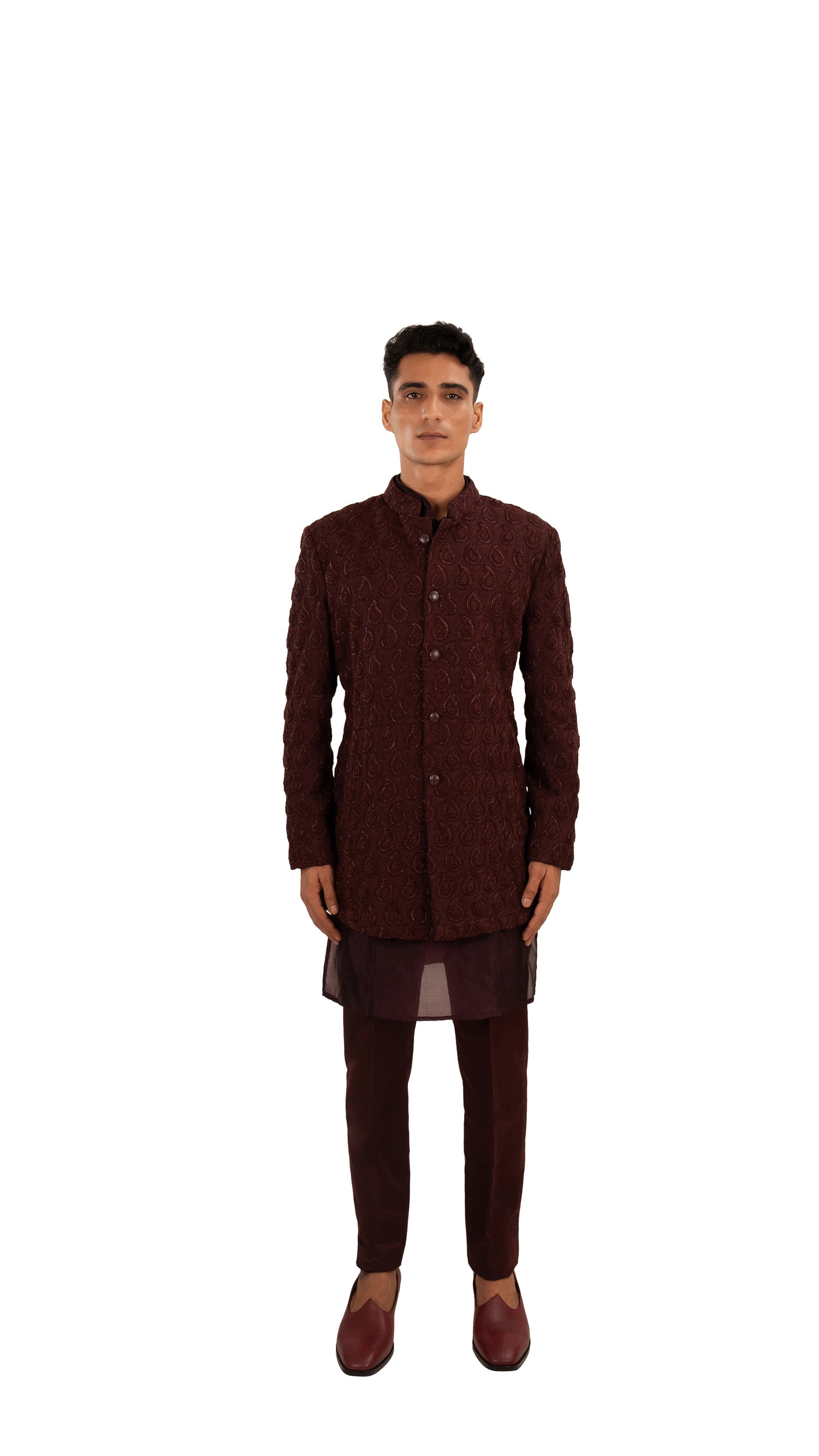 Wine Embossed Linen Satin Prince Coat (3-Piece) - Image 1