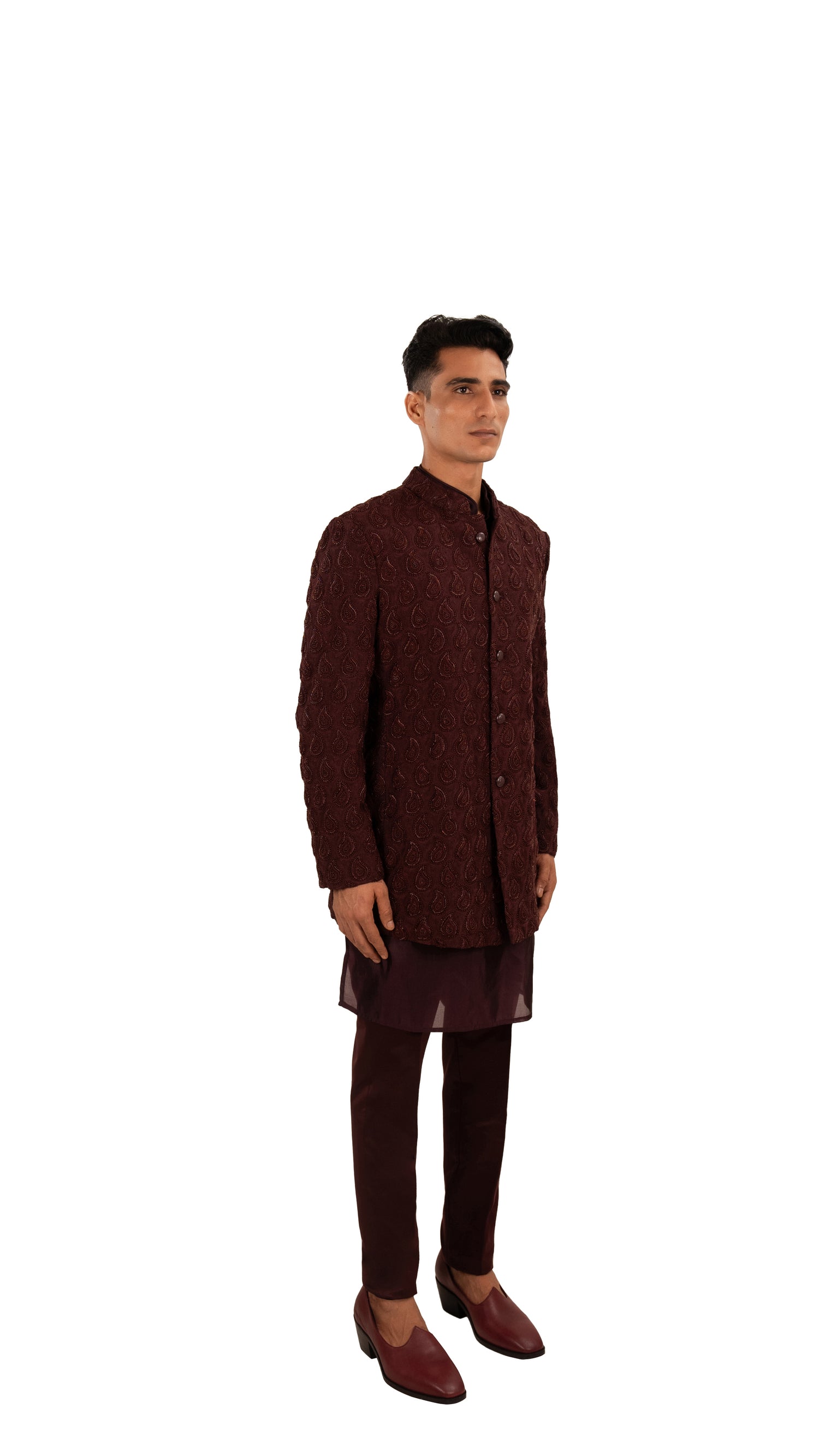 Wine Embossed Linen Satin Prince Coat (3-Piece) - Image 2