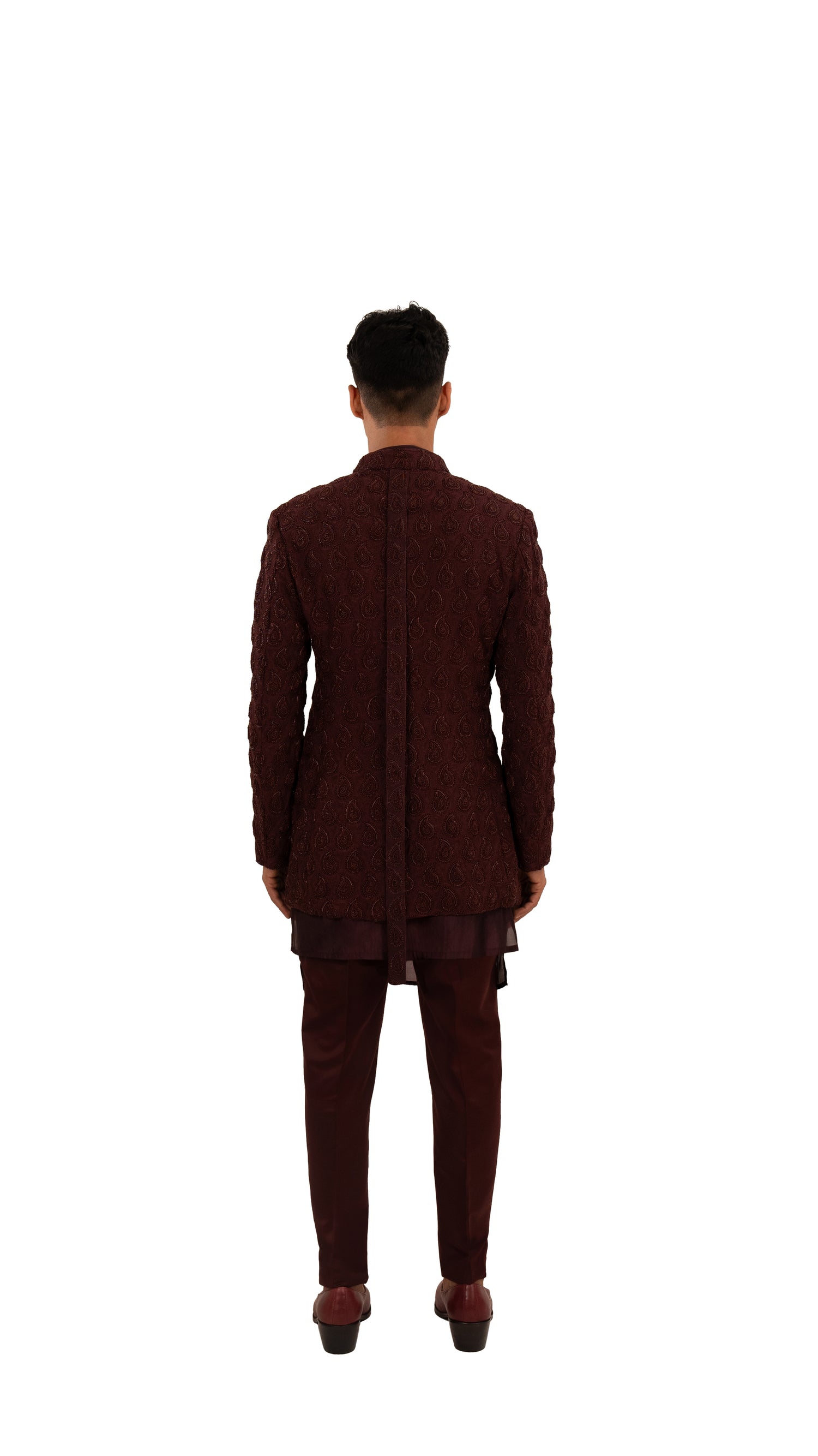 Wine Embossed Linen Satin Prince Coat (3-Piece) - Image 3
