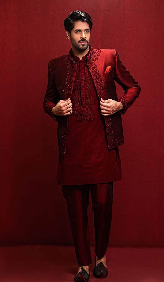 Sangria Embroidered Suiting Prince Coat (3-Piece) - Image 1
