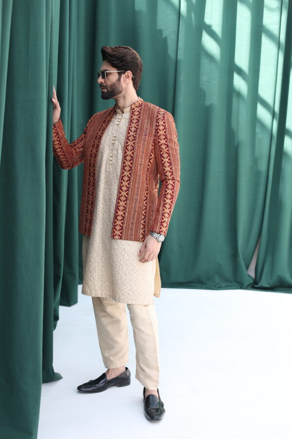 Maroon Embroidered Raw Silk Prince Coat (3-Piece) - Image 2