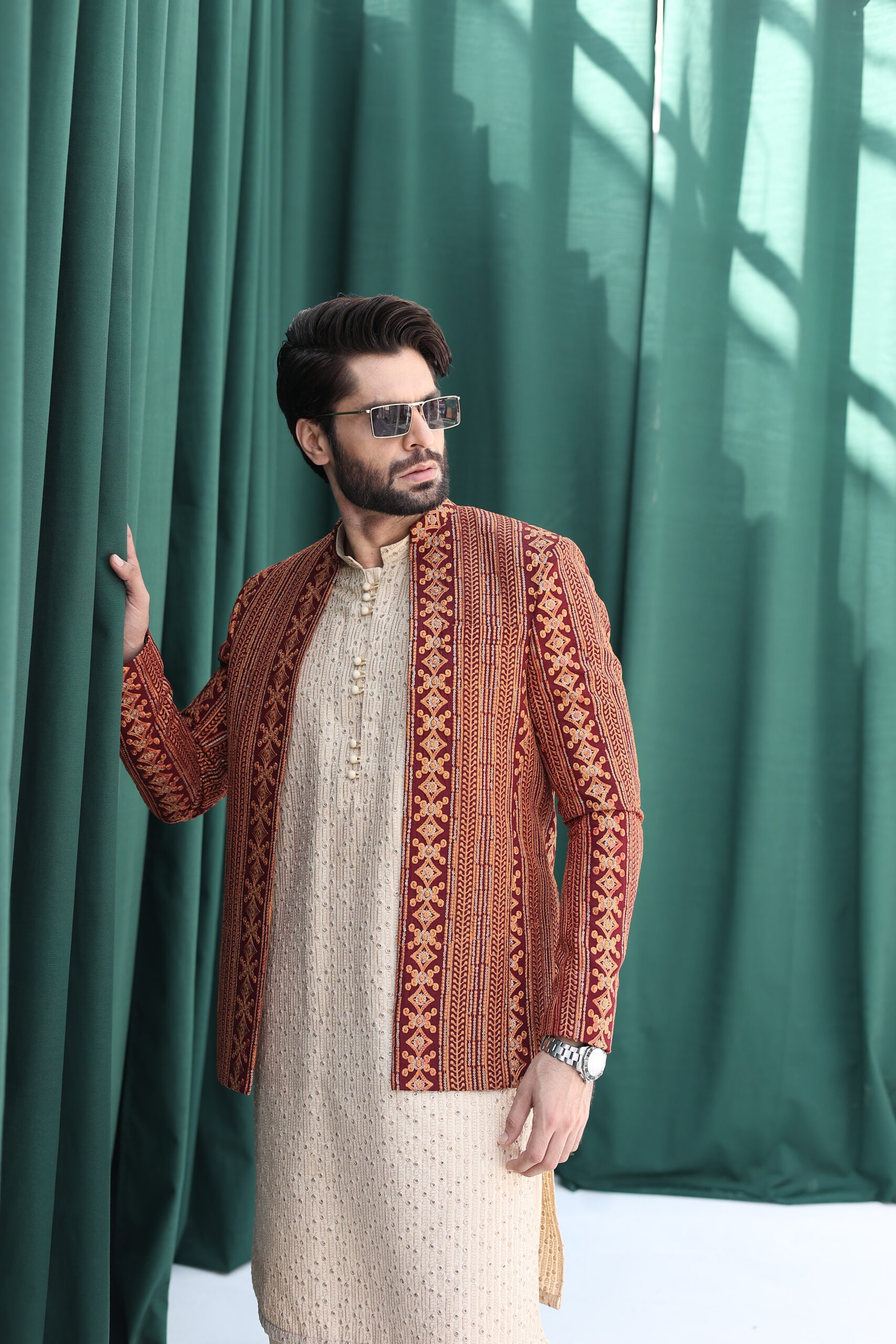 Maroon Embroidered Raw Silk Prince Coat (3-Piece) - Image 3