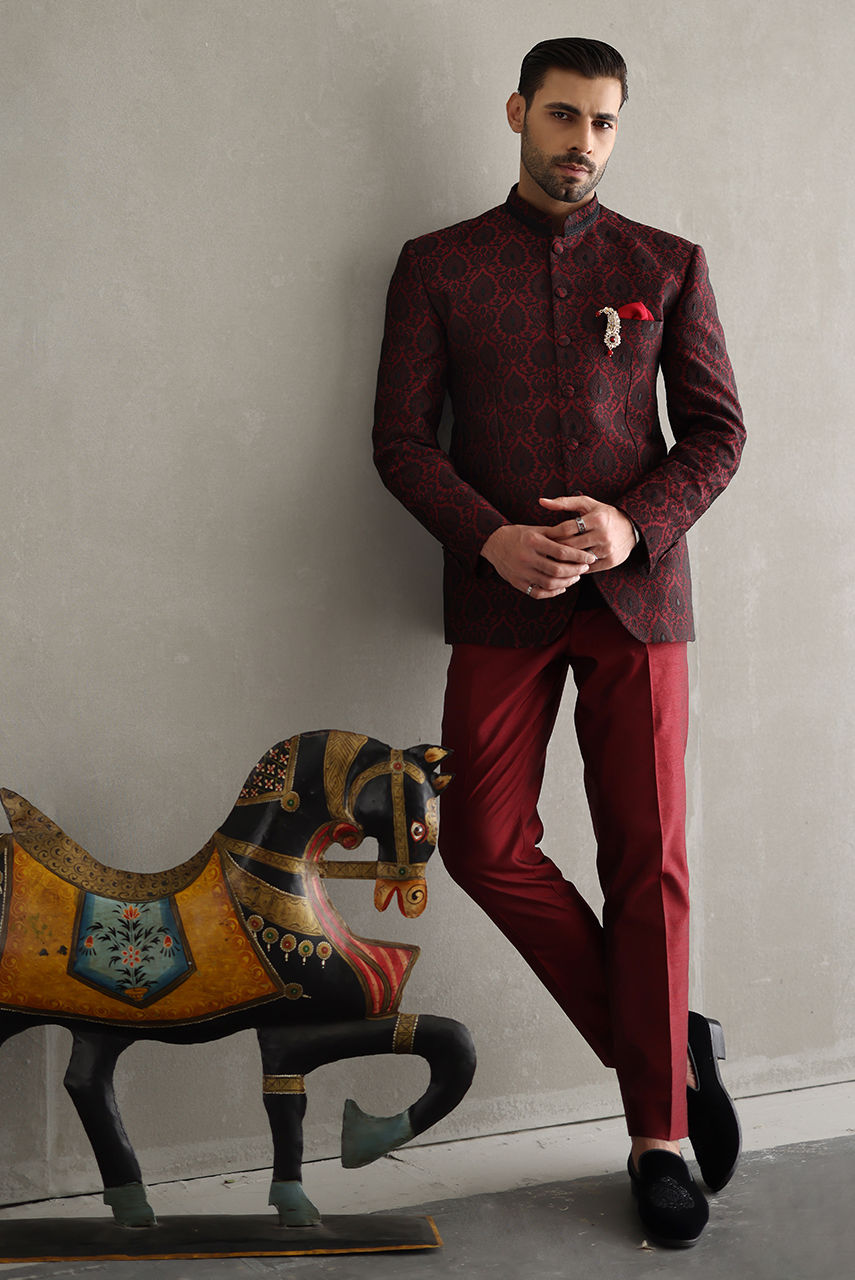 Maroon Embroidered Jacquard Prince Coat (2-Piece) - Image 1