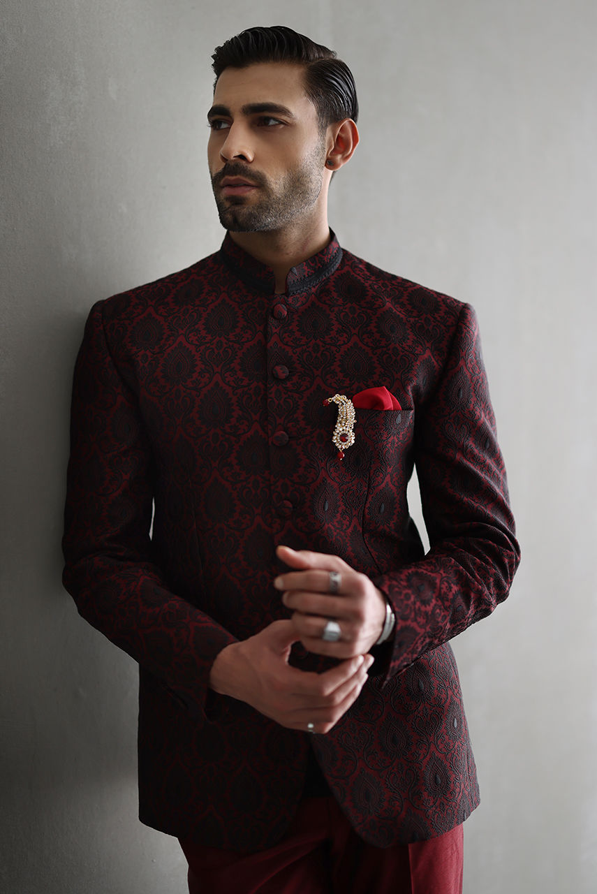 Maroon Embroidered Jacquard Prince Coat (2-Piece) - Image 2