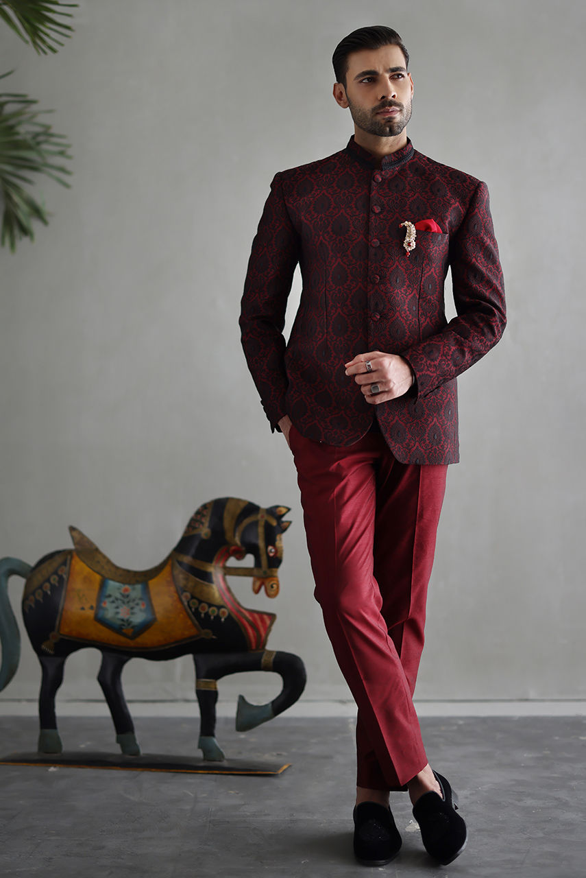 Maroon Embroidered Jacquard Prince Coat (2-Piece) - Image 3