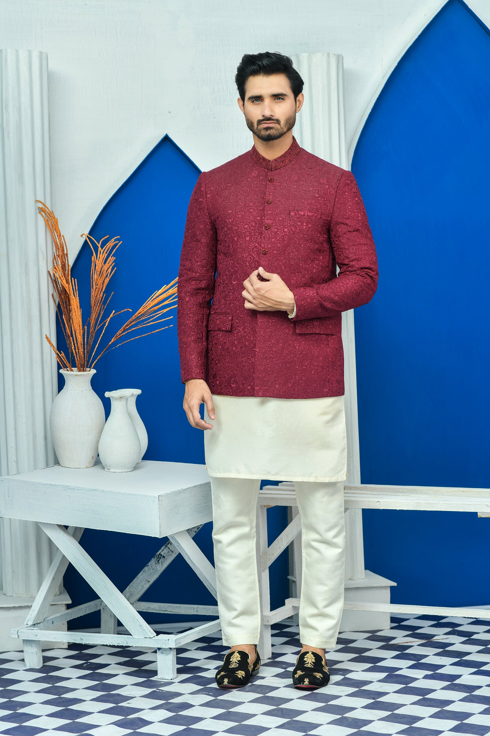 Maroon Kora Dabka Raw Silk Prince Coat (1-Pc) - Image 1