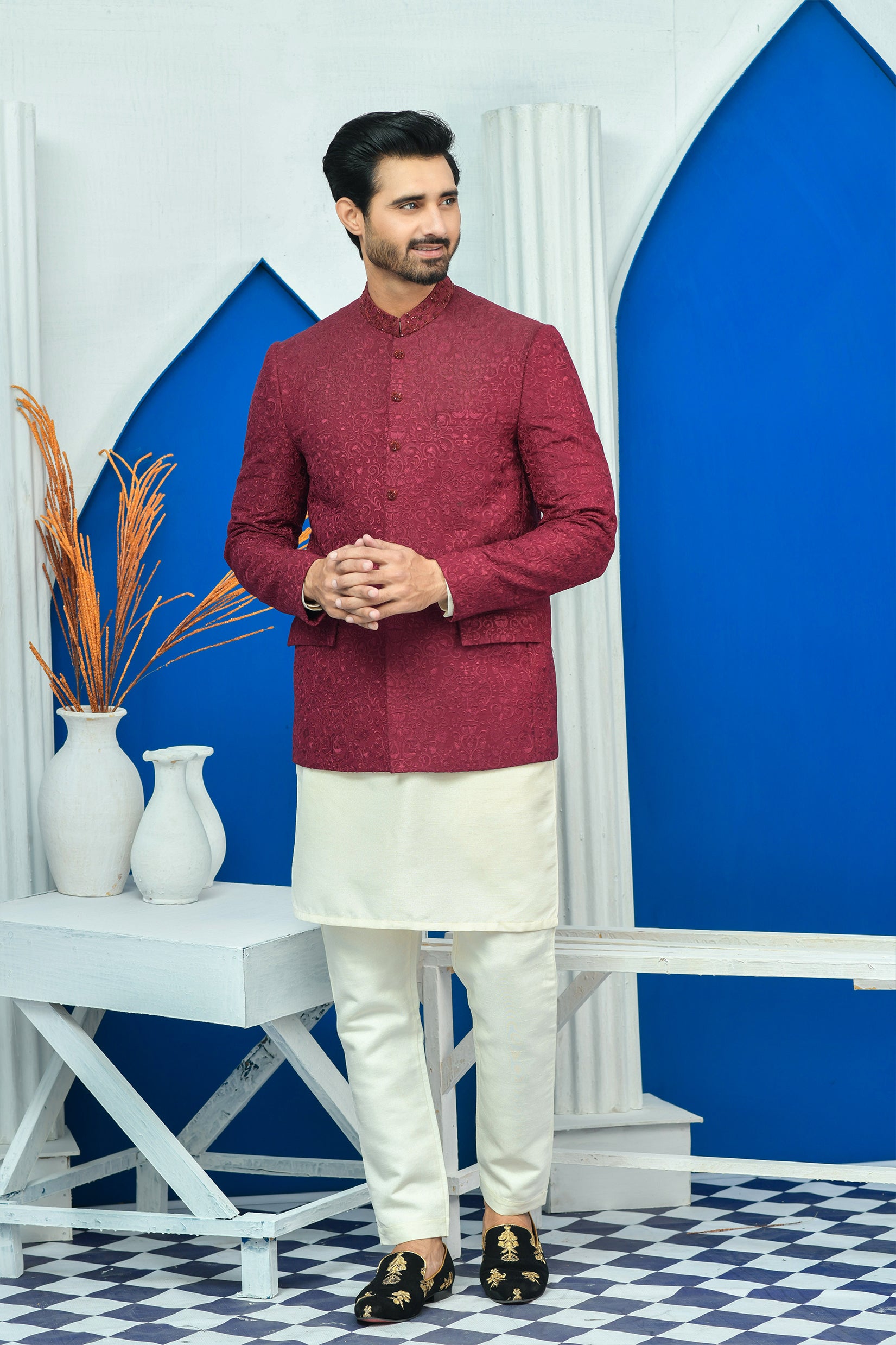 Maroon Kora Dabka Raw Silk Prince Coat (1-Pc) - Image 2