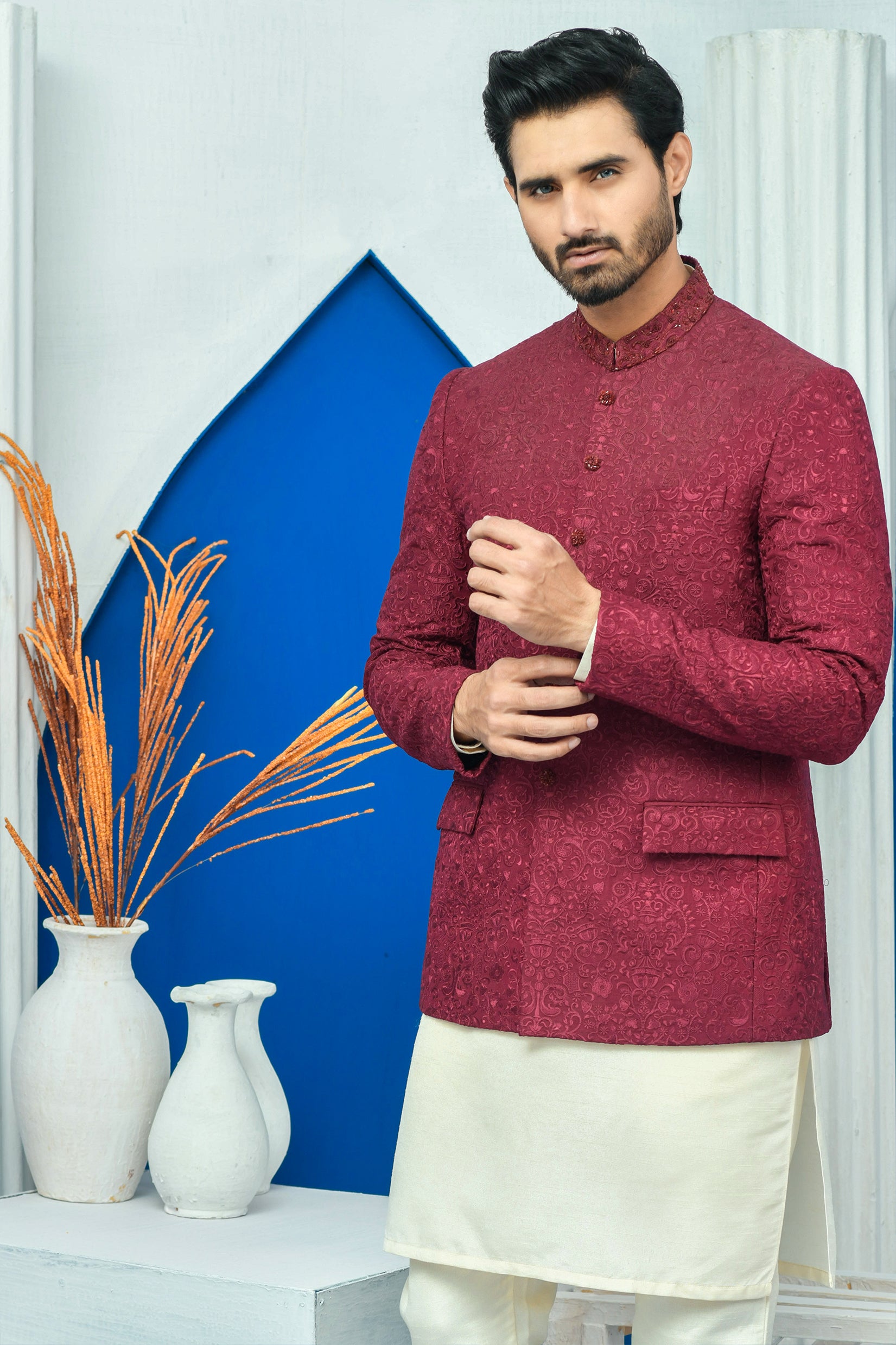 Maroon Kora Dabka Raw Silk Prince Coat (1-Pc) - Image 3