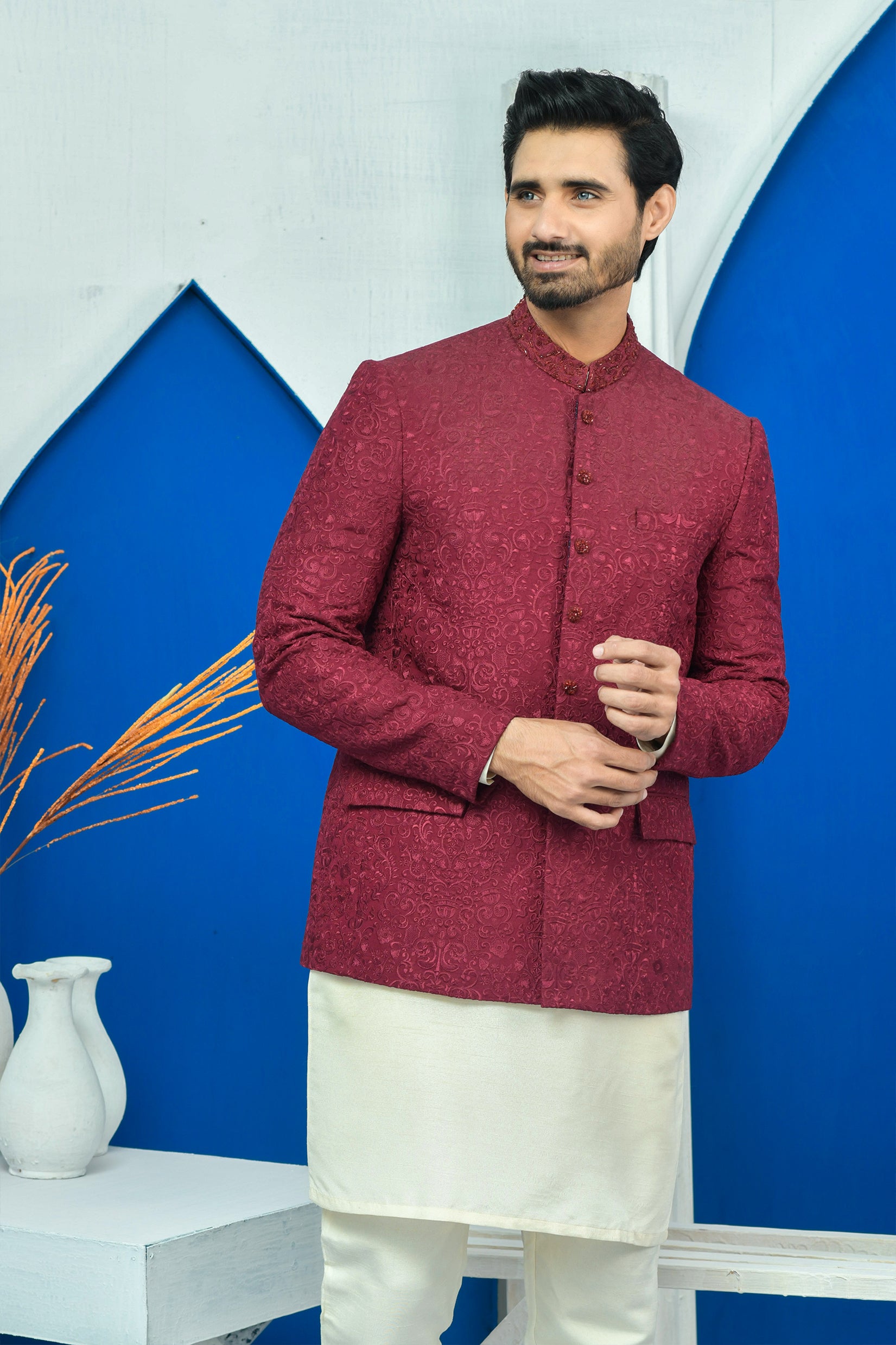 Maroon Kora Dabka Raw Silk Prince Coat (1-Pc) - Image 4
