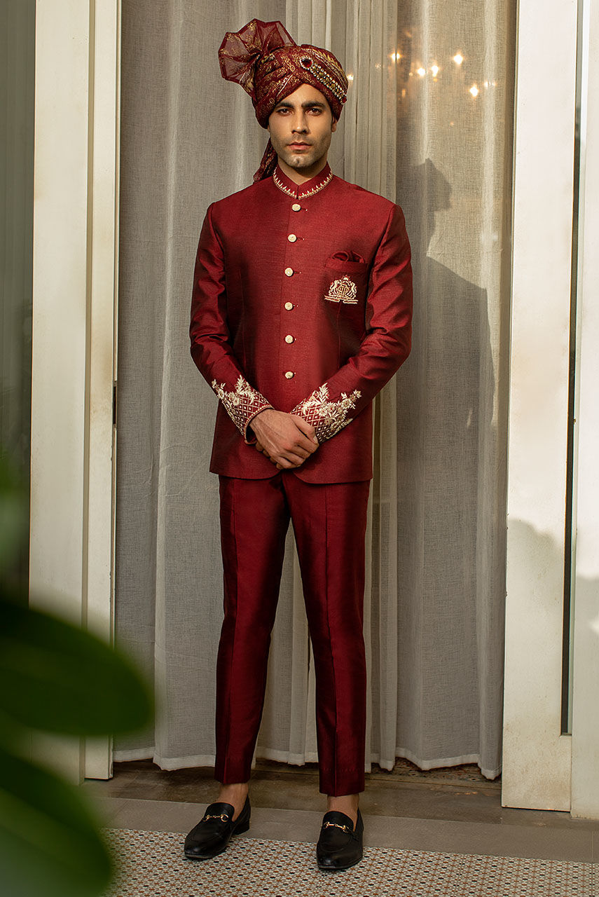 Maroon Embroidered Raw Silk Prince Coat (2-Piece) - Image 1