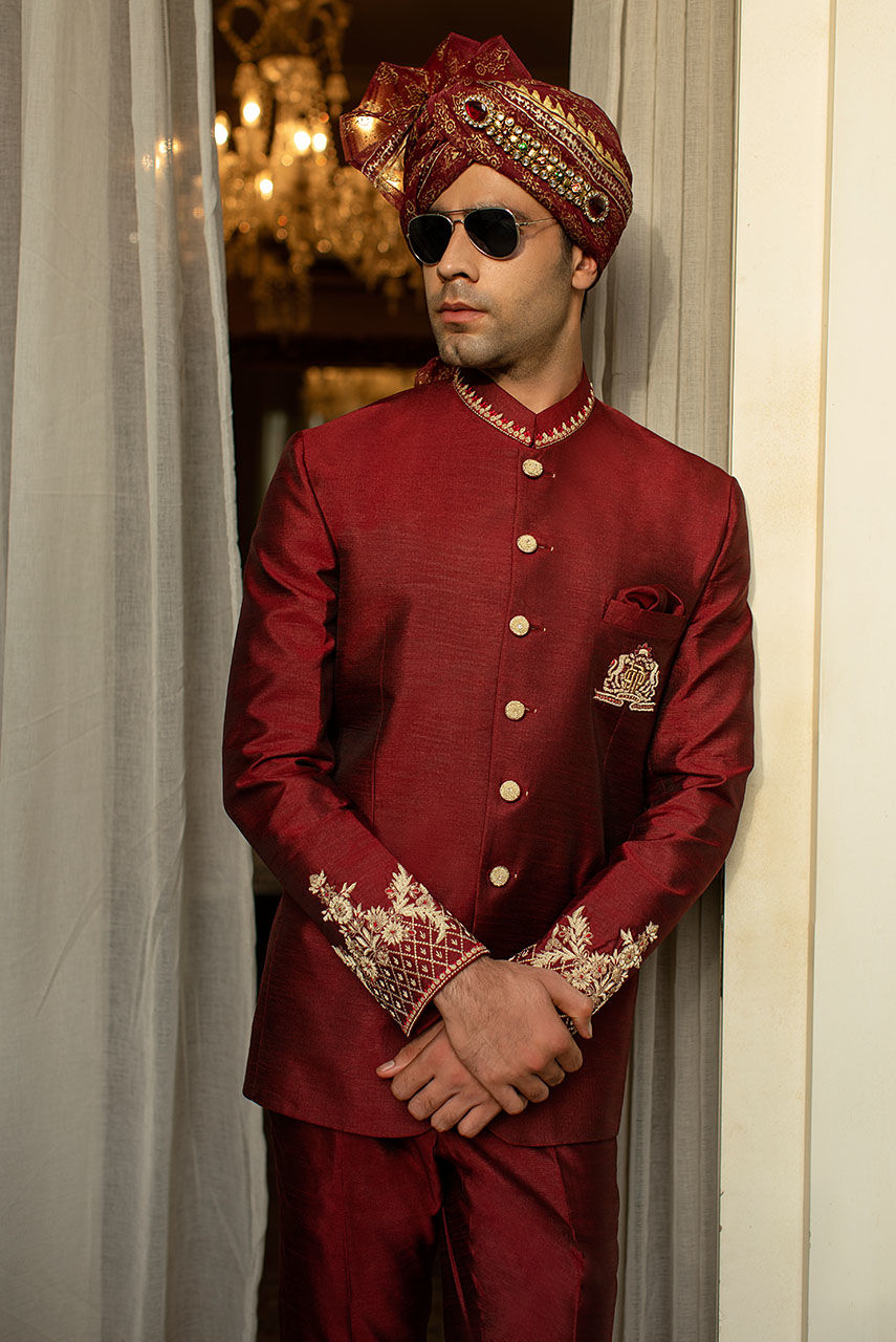 Maroon Embroidered Raw Silk Prince Coat (2-Piece) - Image 2