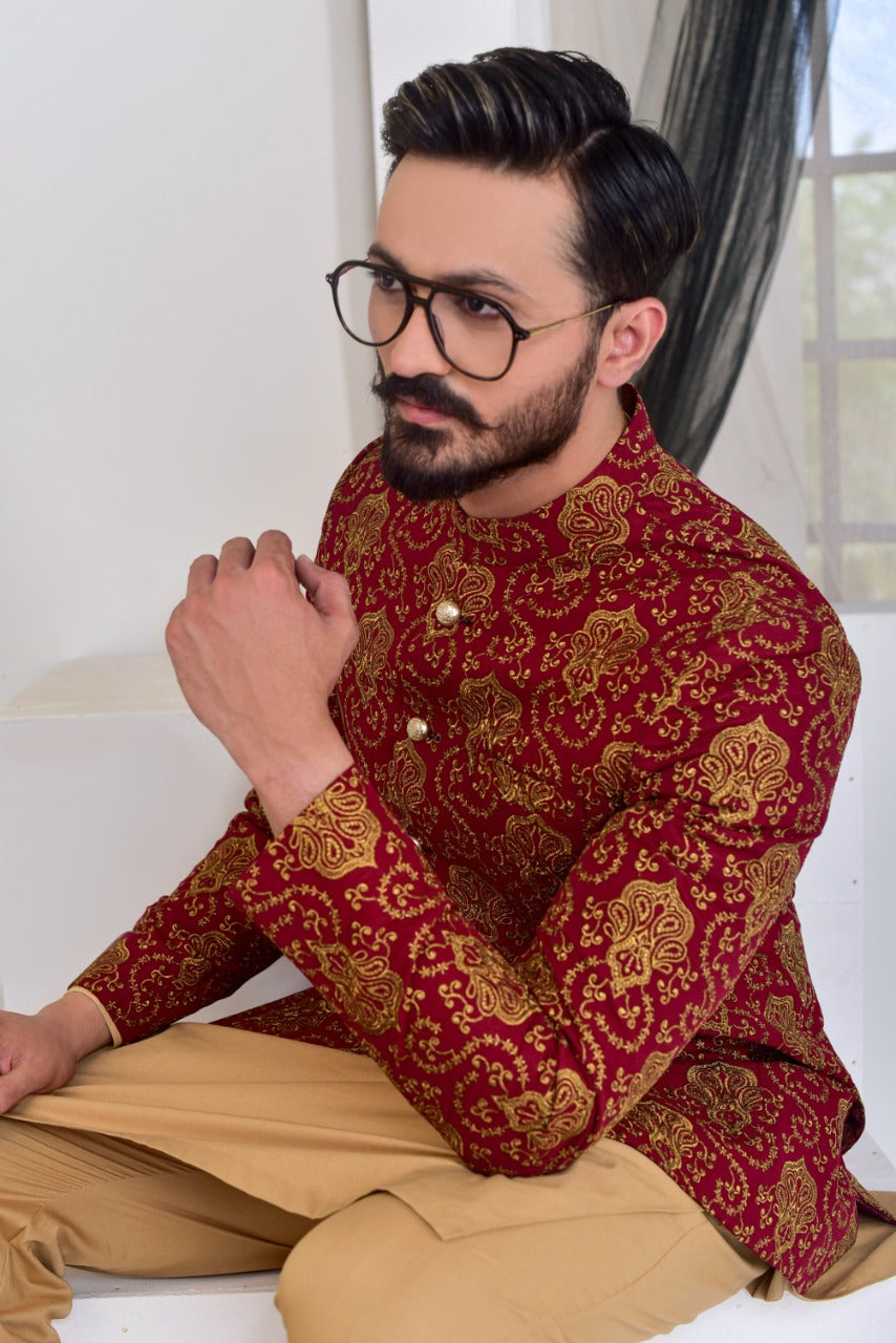 Maroon Copper Zari Raw Silk Prince Coat (1-Pc) - Image 1