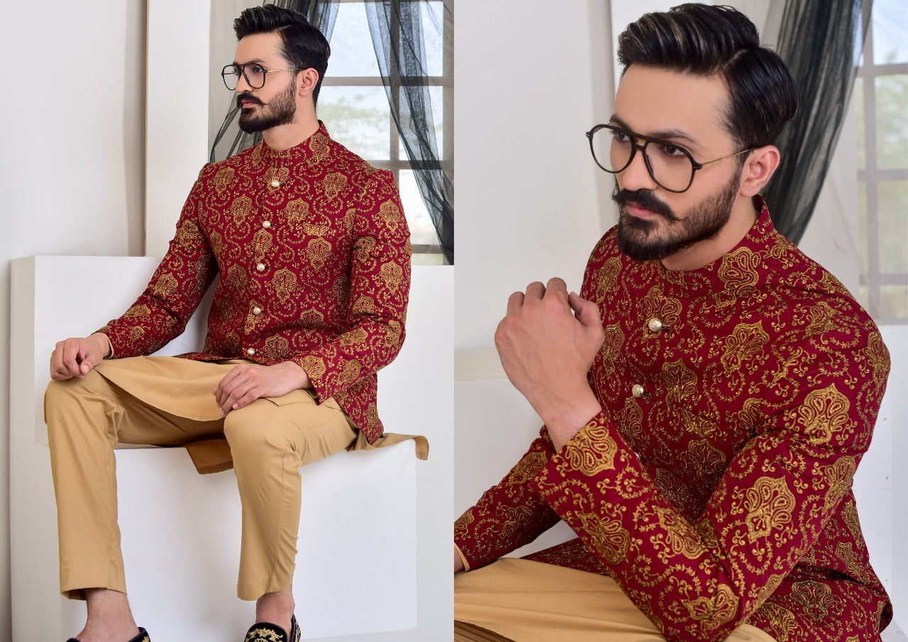 Maroon Copper Zari Raw Silk Prince Coat (1-Pc) - Image 4