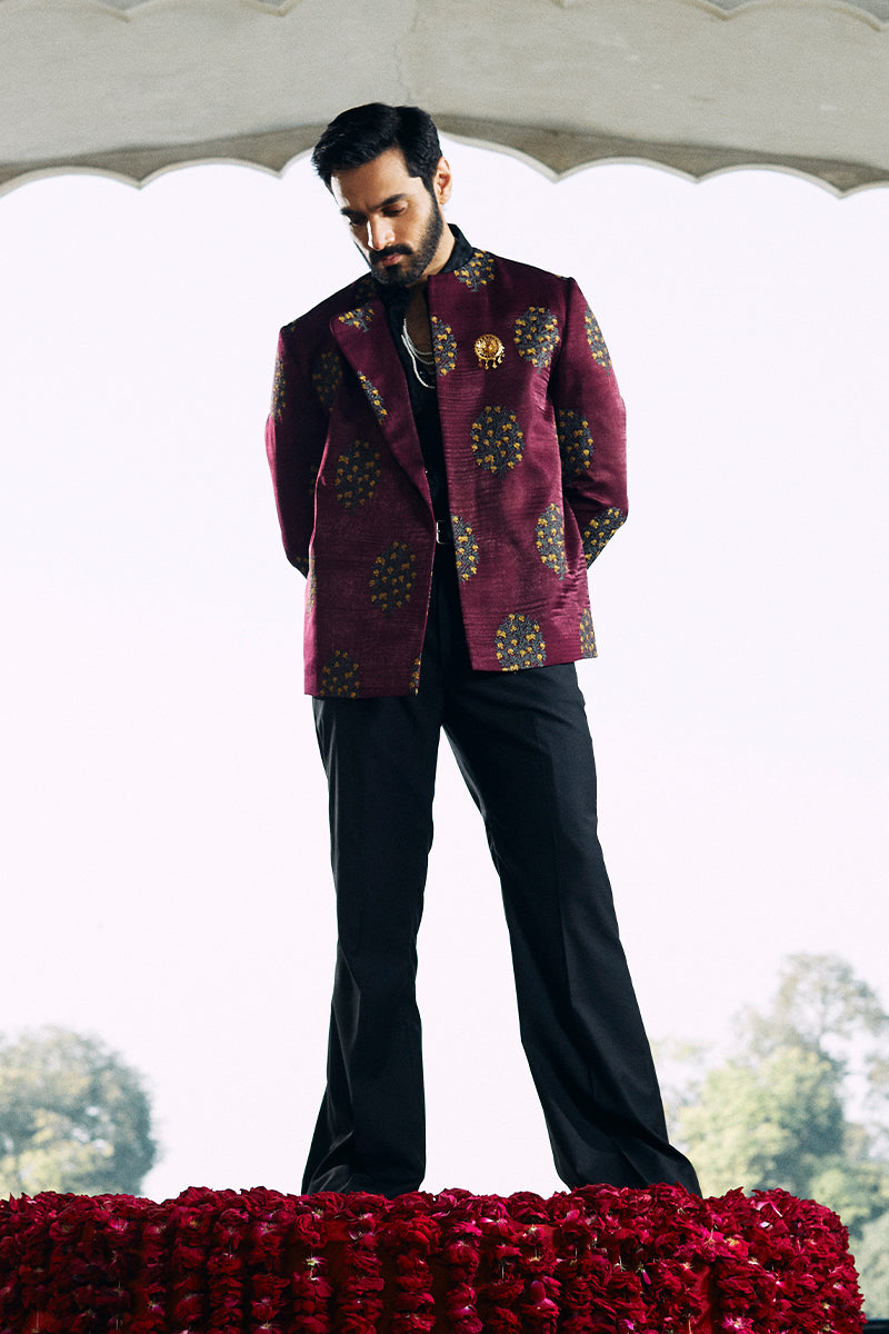 Burgundy Satin-Stitch Tilla Rayon Silk Prince Coat (2-Piece) - Image 2