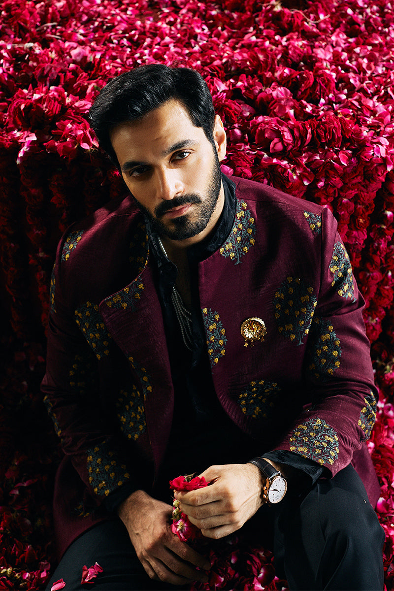 Burgundy Tilla Embroidered Rayon Silk Prince Coat (2-Piece) - Image 3
