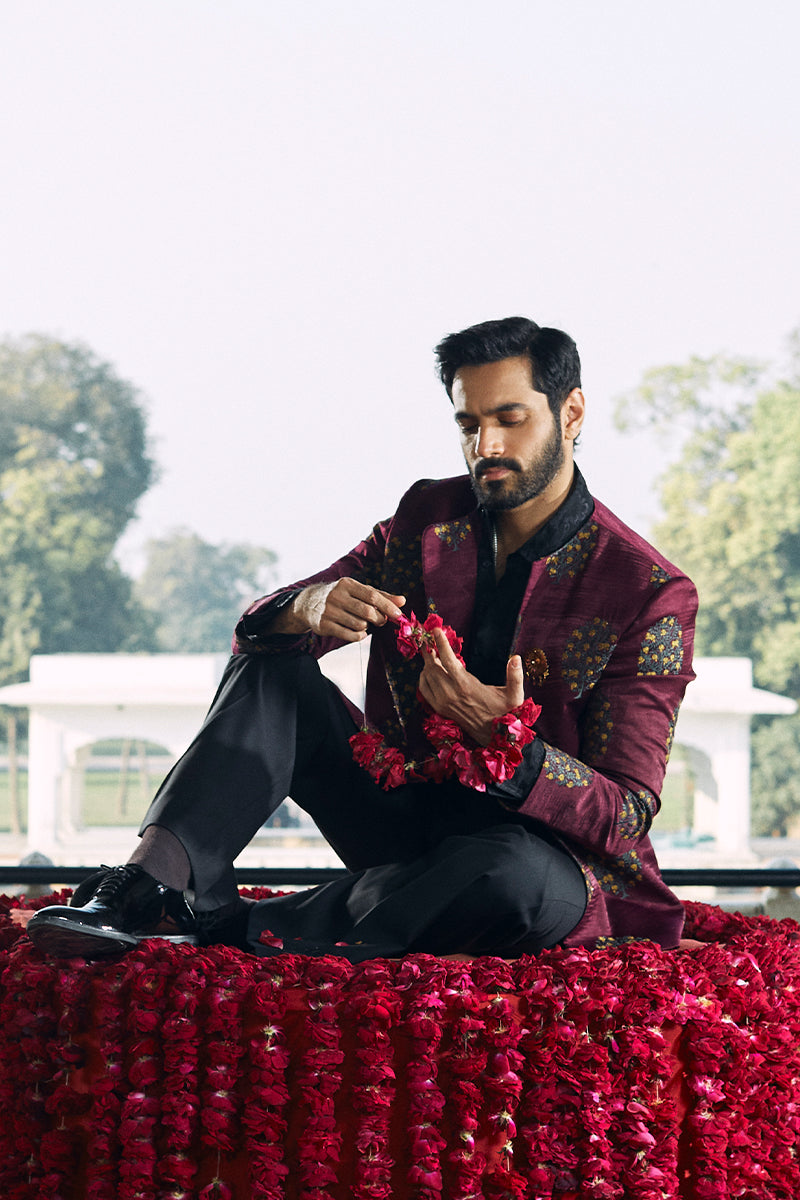 Burgundy Tilla Embroidered Rayon Silk Prince Coat (2-Piece) - Image 4