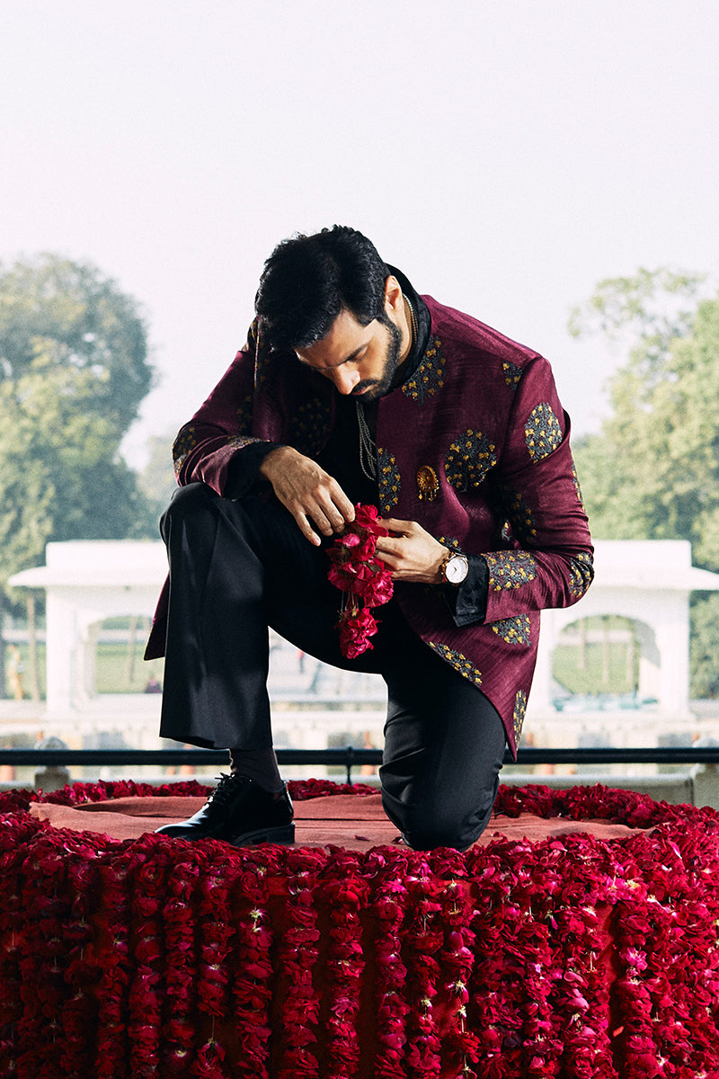 Burgundy Tilla Embroidered Rayon Silk Prince Coat (2-Piece) - Image 5