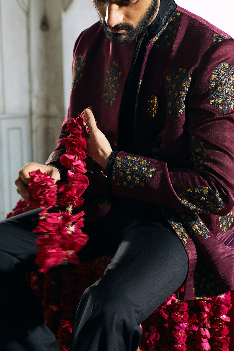 Burgundy Tilla Embroidered Rayon Silk Prince Coat (2-Piece) - Image 6