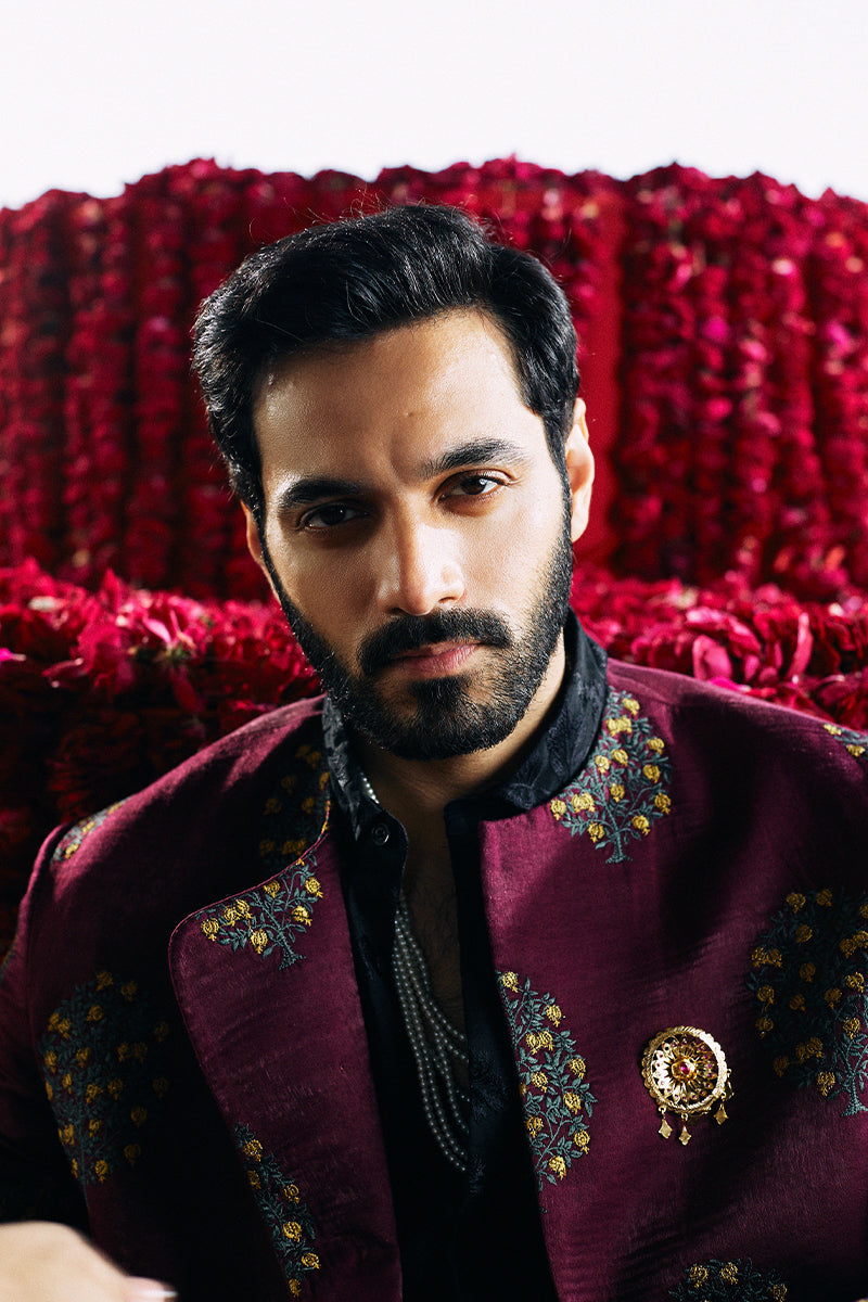 Burgundy Tilla Embroidered Rayon Silk Prince Coat (2-Piece) - Image 7